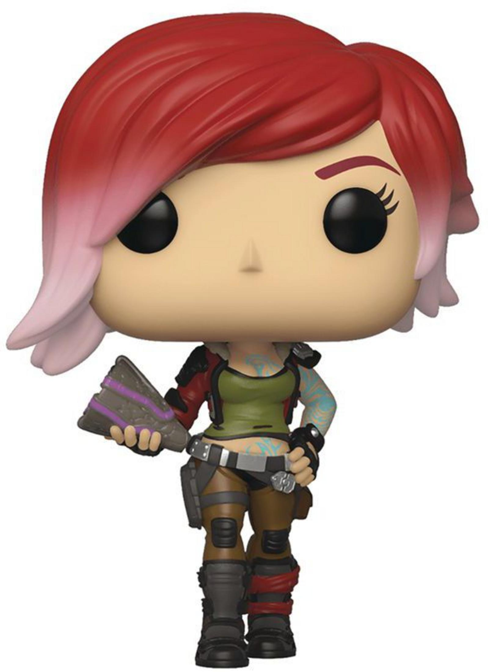 Funko Pop Figur einer weiblichen Figur mit rotem und rosa Haar, die ein grünes Oberteil trägt und eine Waffe hält.