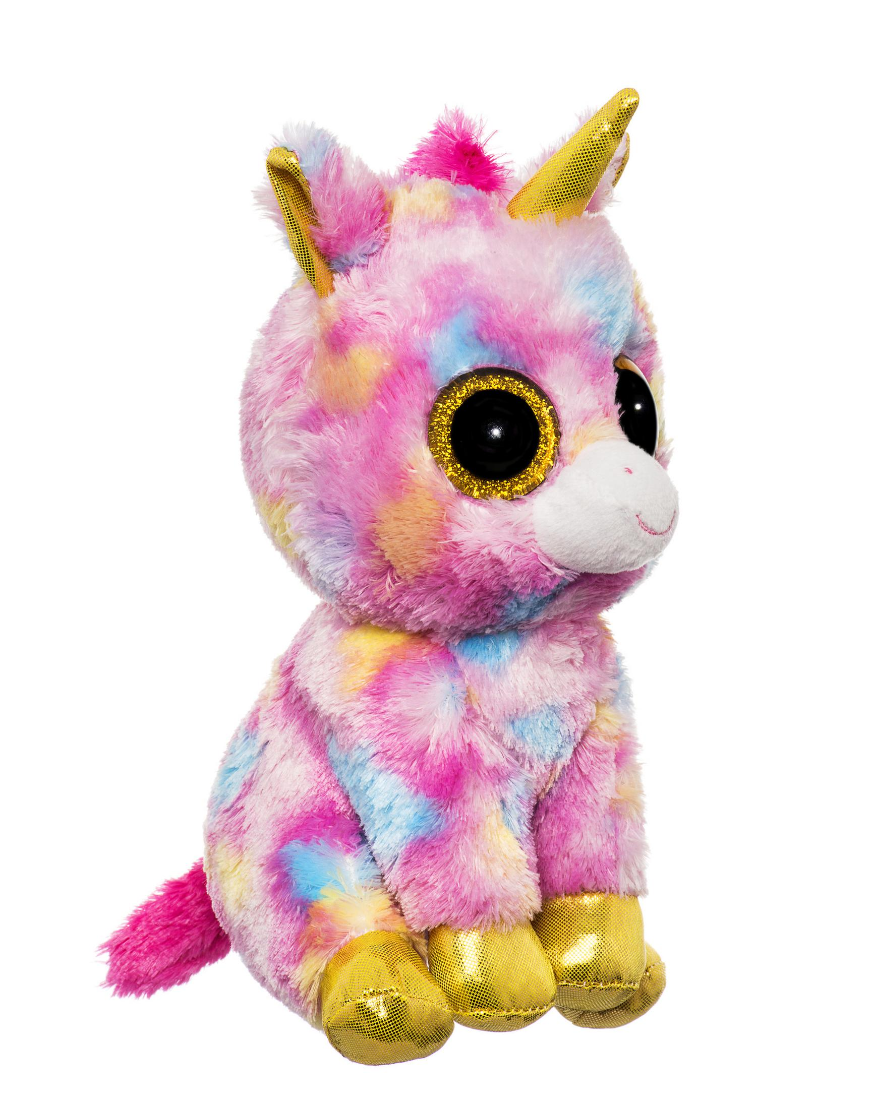 Ein buntes Einhorn-Plüschtier mit großen Augen und goldenen Akzenten.
