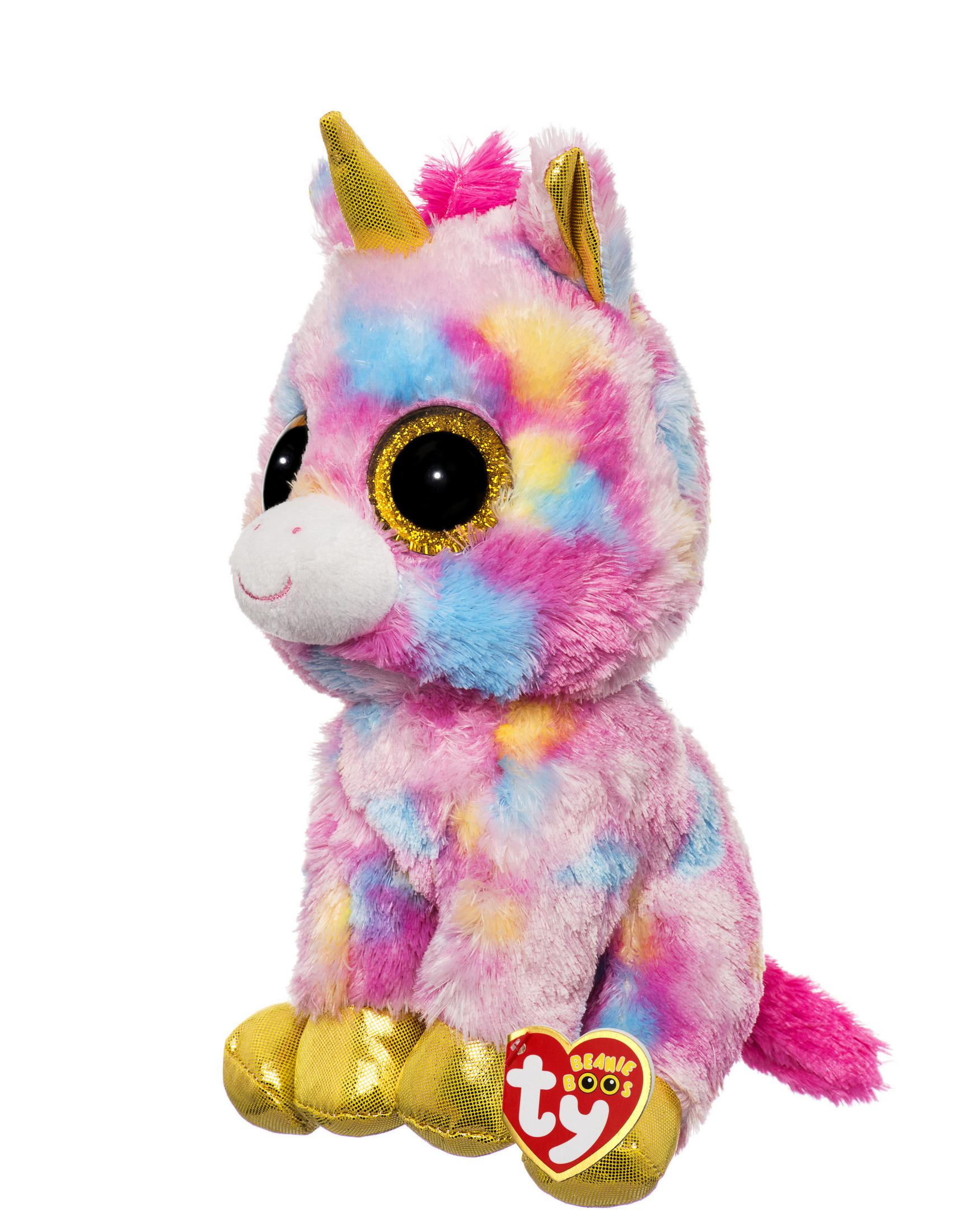 Ein buntes Einhorn-Plüschtier mit goldenen Akzenten sitzt auf weißem Hintergrund.