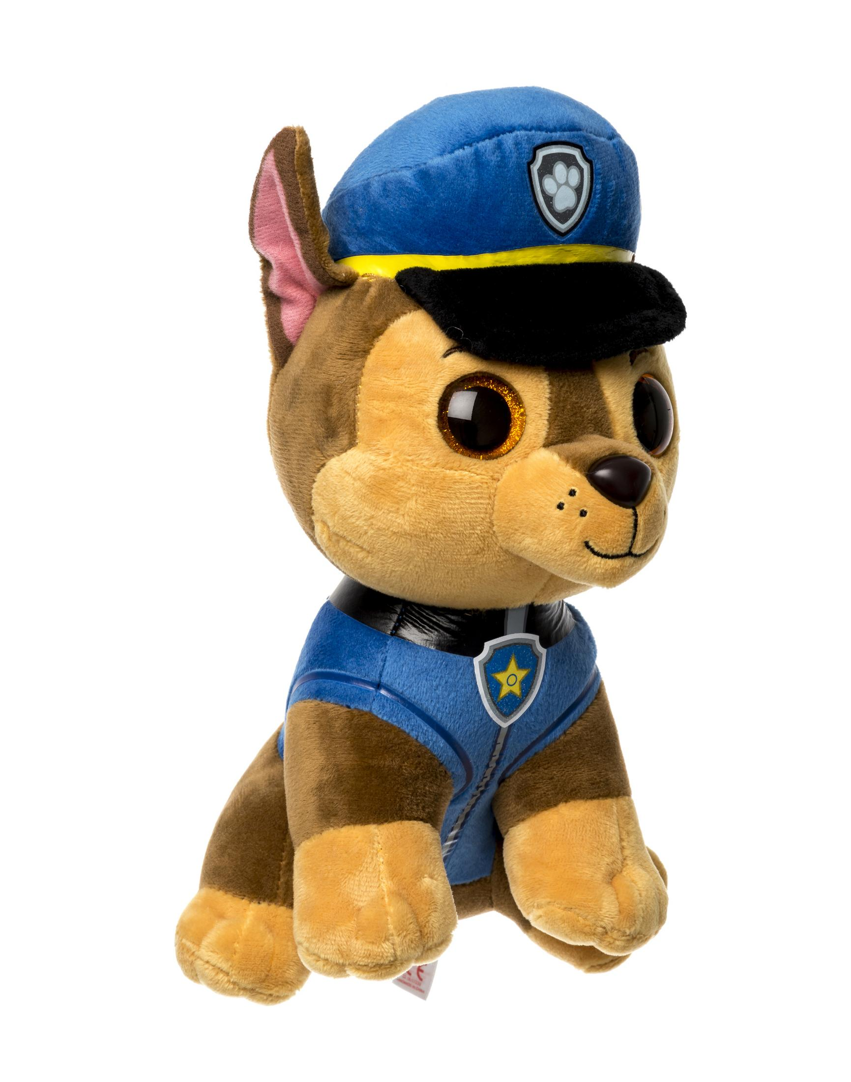 Chase Plüschtier von Paw Patrol. Braune und blaue Farben, mit Polizeimütze und Uniform.
