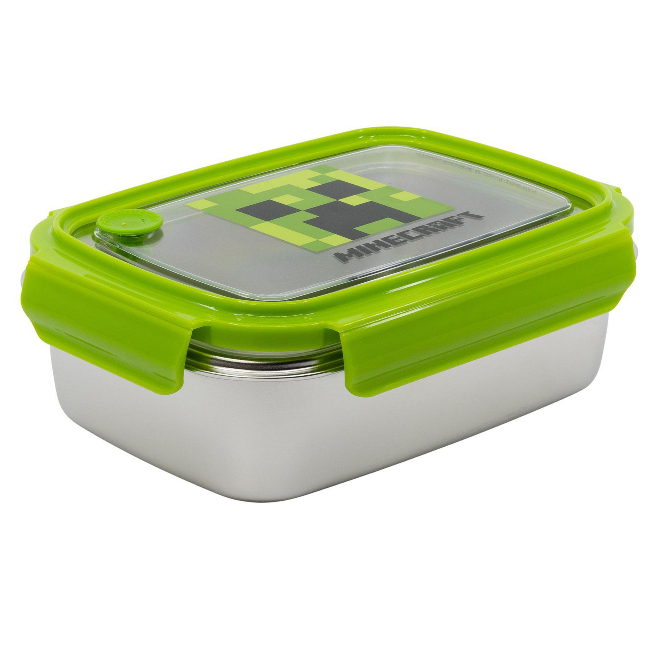 Minecraft-Lunchbox aus Edelstahl mit grünem Deckel.