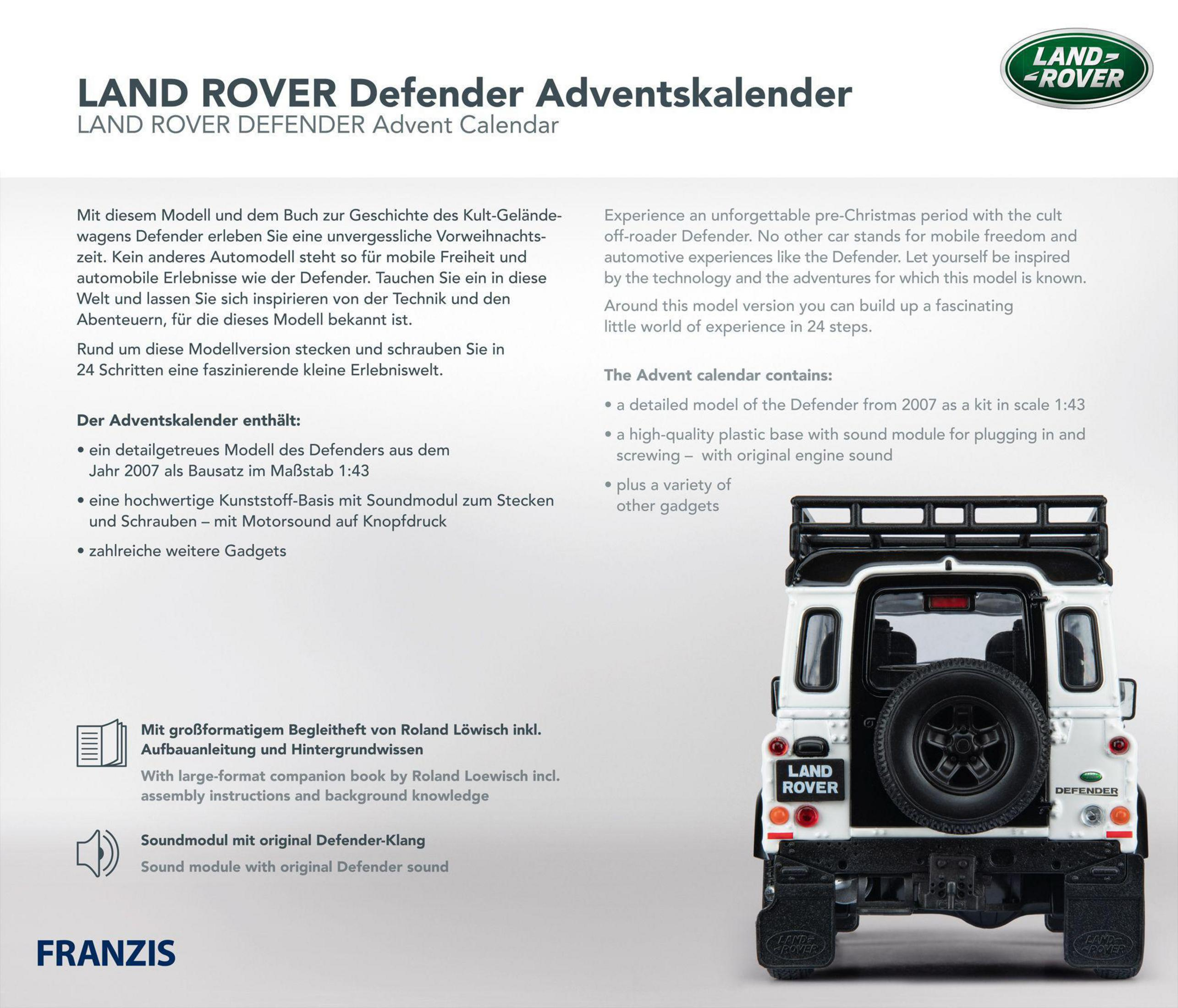 Land Rover Defender Adventskalender mit weißem Modellauto und Text.