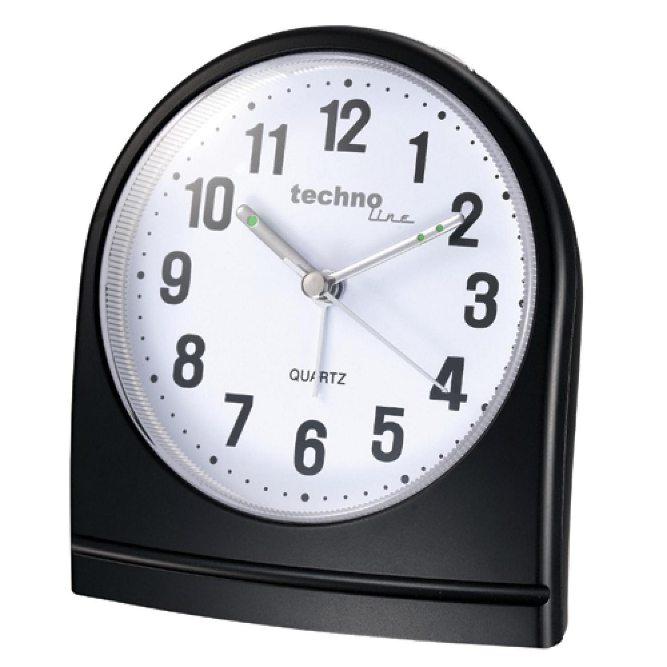Schwarzer Wecker mit weißem Ziffernblatt, schwarzen Zahlen und Zeigern. Die Uhr hat ein geschwungenes Design.