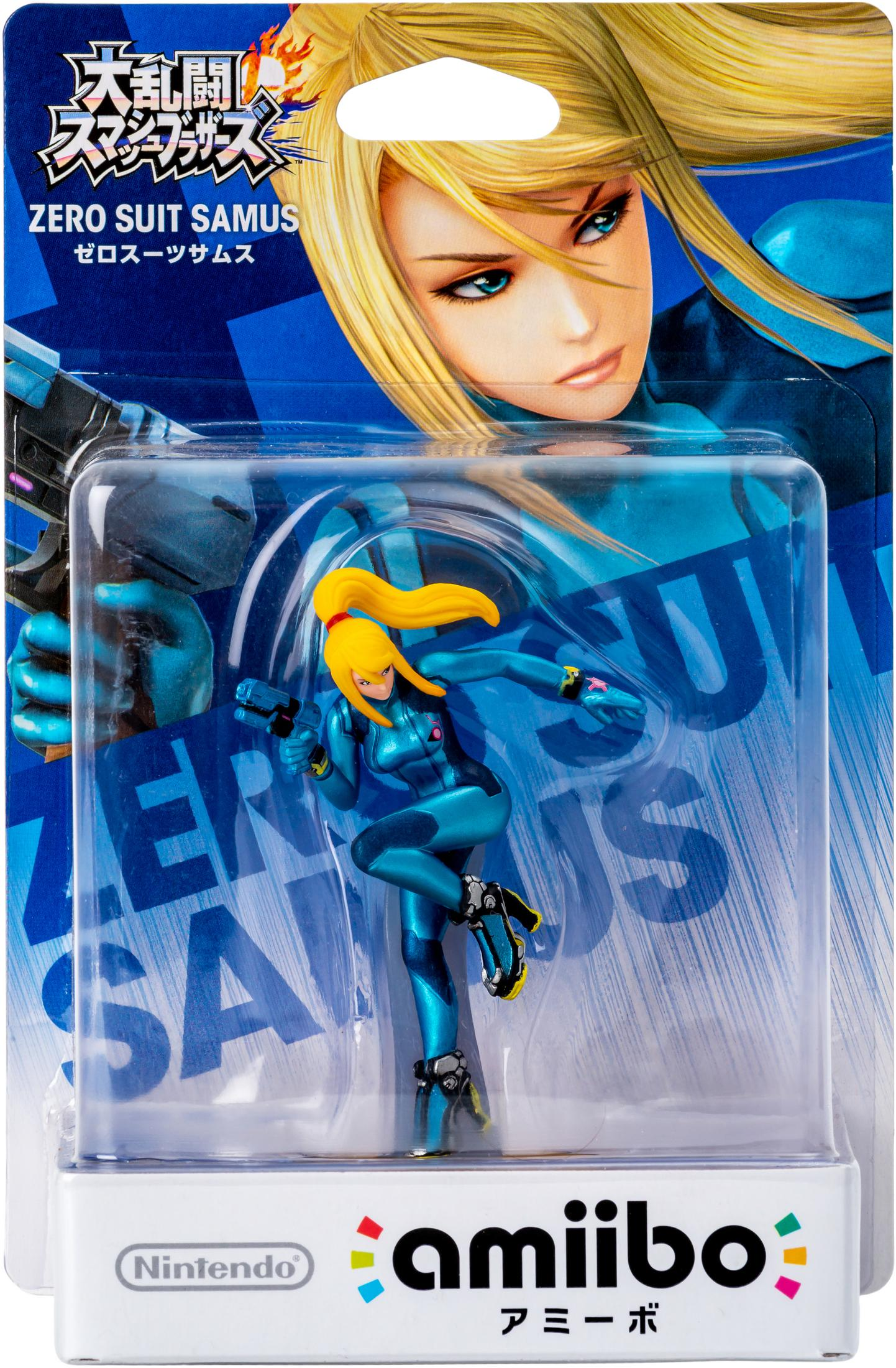 Zero Suit Samus Figur in Verpackung. Samus trägt einen blauen Anzug und hält eine Waffe. Der Hintergrund ist blau.