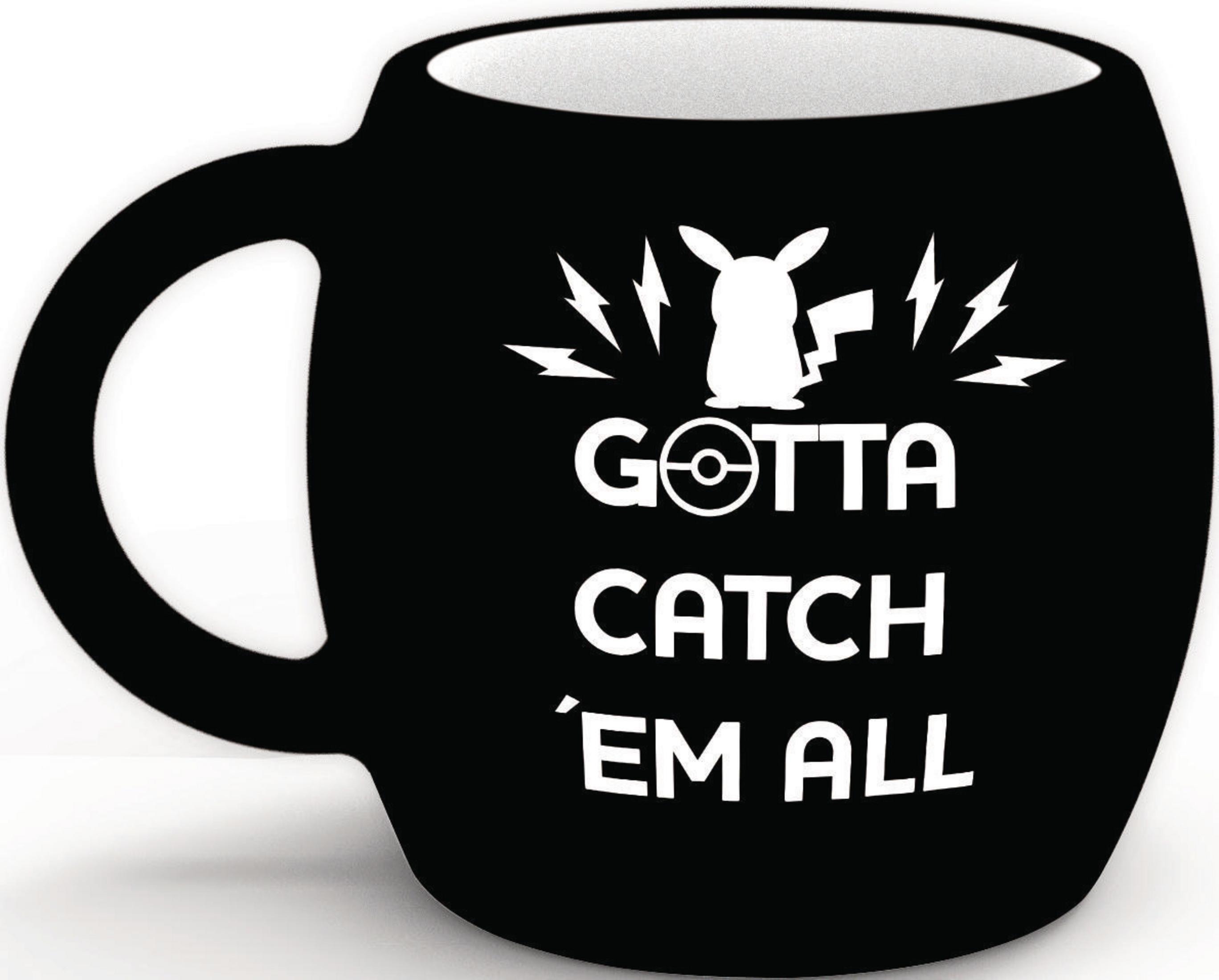 Schwarzer Becher mit weißem Text: 'GOTTA CATCH 'EM ALL' und einem Pikachu-Design.