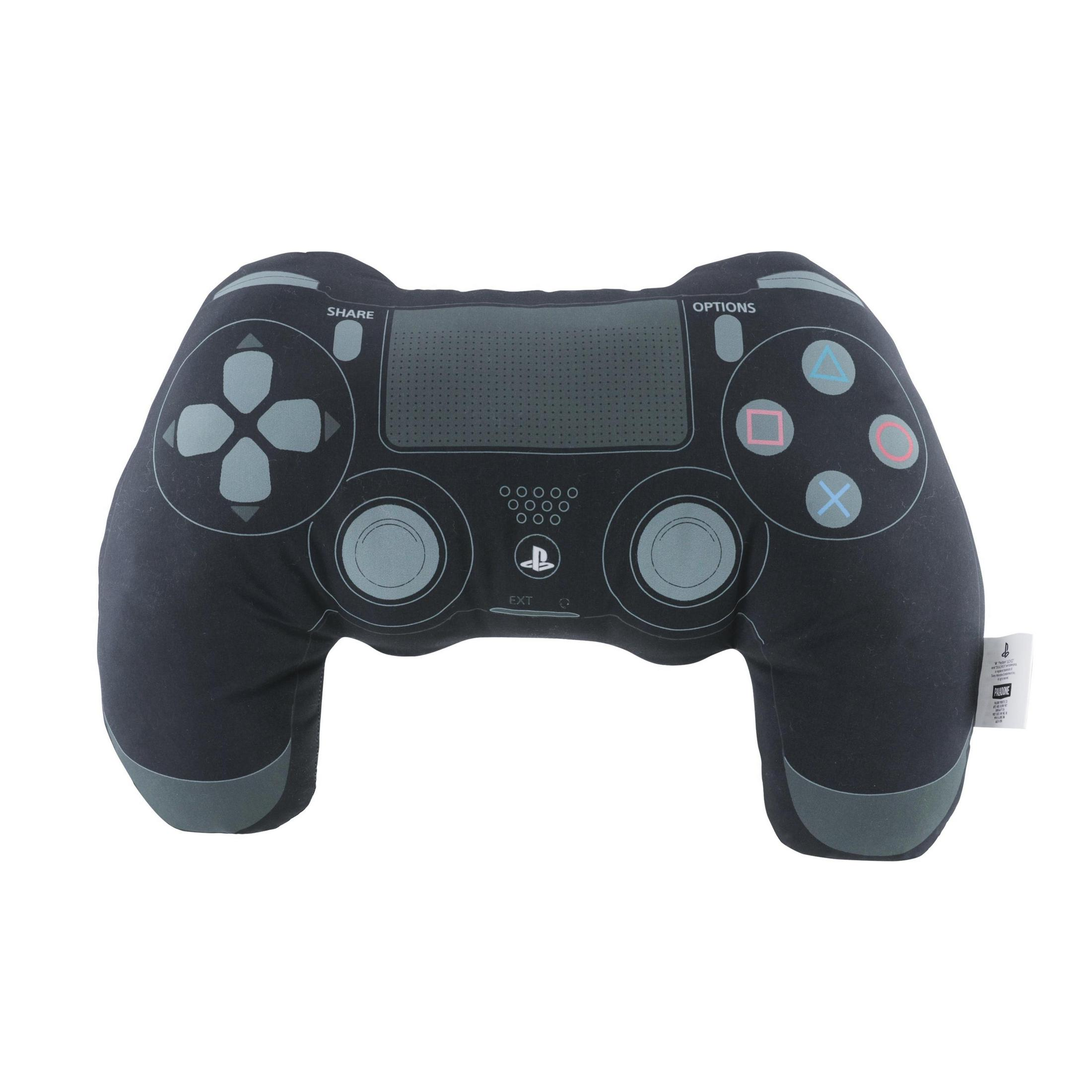 Poduszka w kształcie kontrolera PlayStation jest wyświetlana na białym tle.