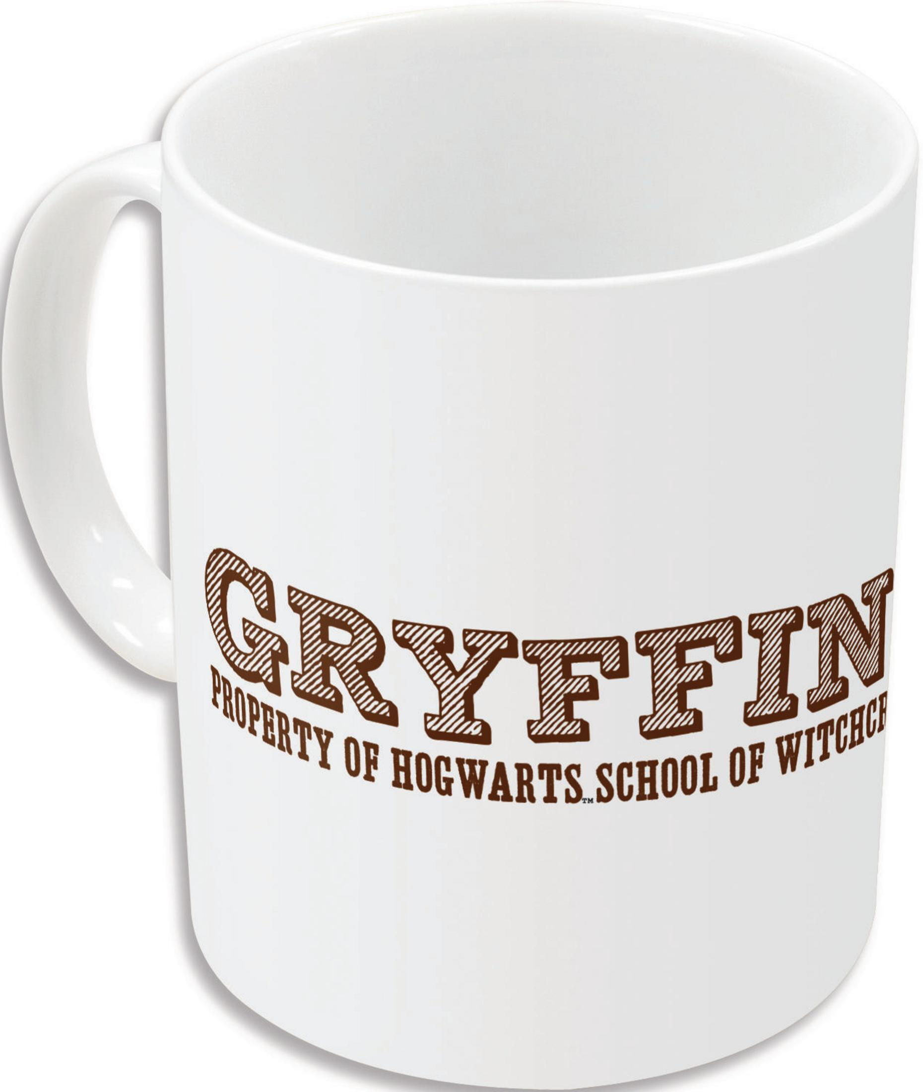 Taza blanca con texto marrón 'GRYFFIN' y 'PROPERTY OF HOGWARTS SCHOOL OF WITCHCRAFT'.