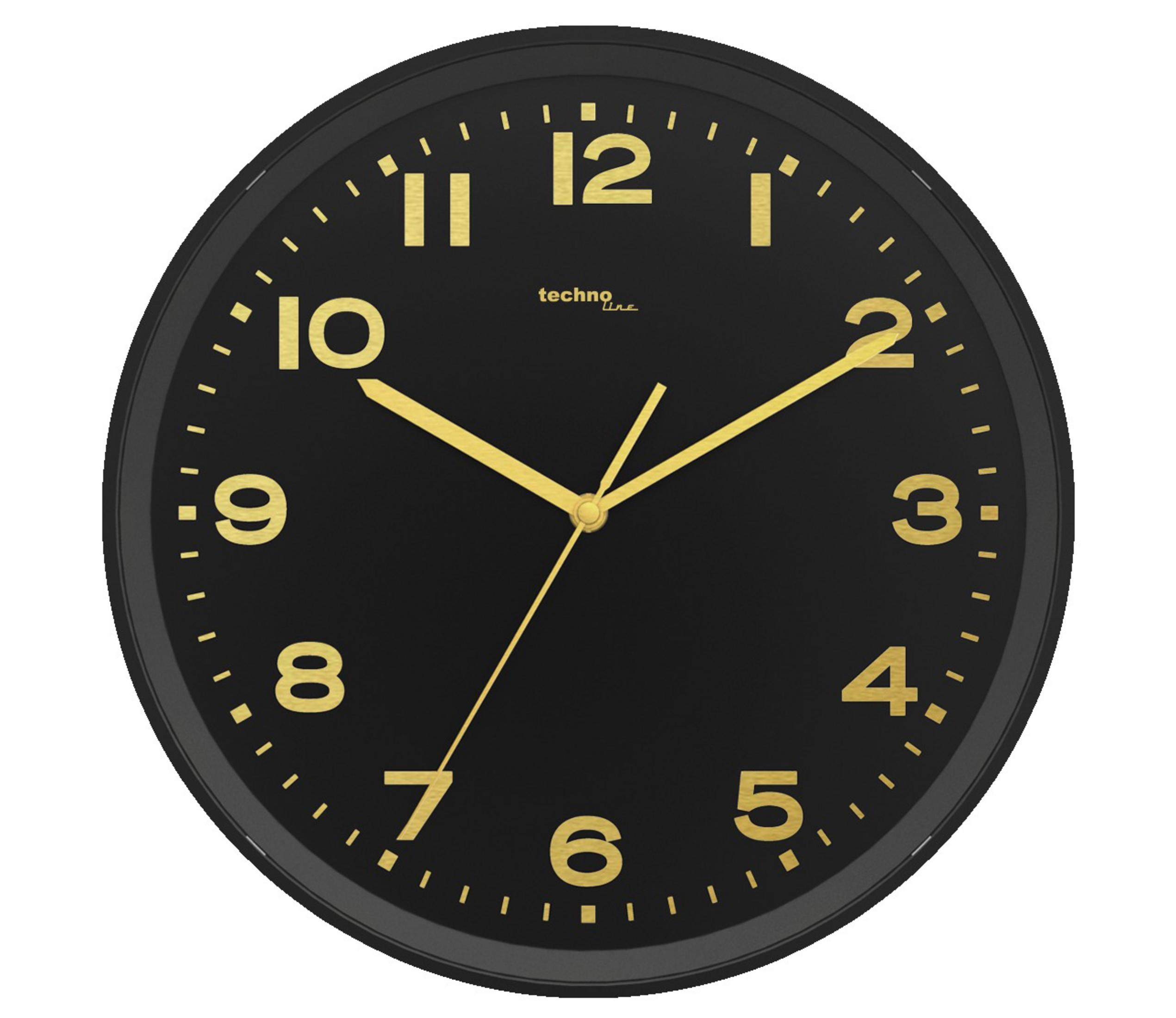 Runde schwarze Uhr mit goldenen Zahlen und Zeigern. Sie sagt Techno Line.