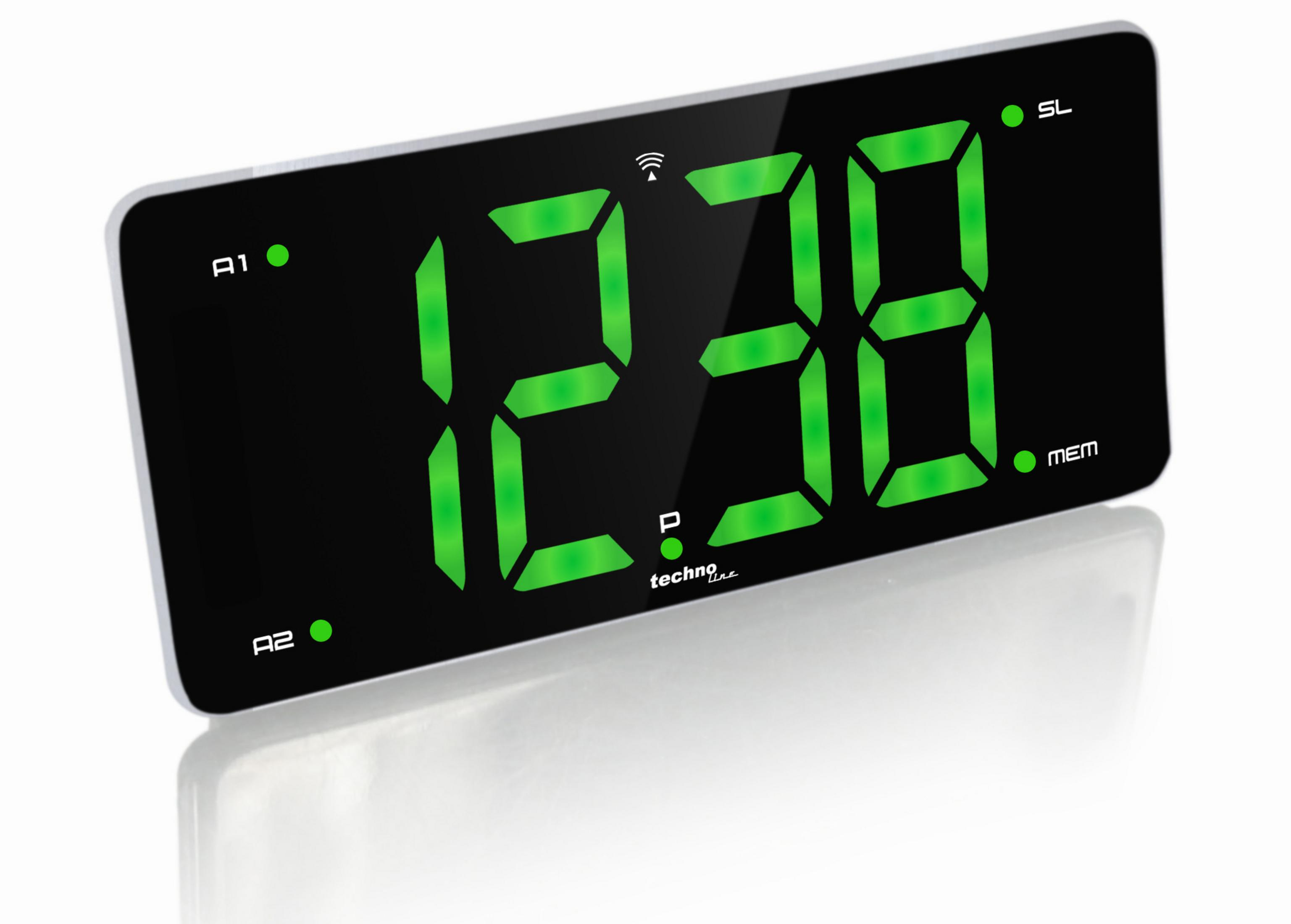 Digitaler Wecker mit der Anzeige 12:38 mit grünen Ziffern. Knöpfe und Anzeigen sind auf dem Display.