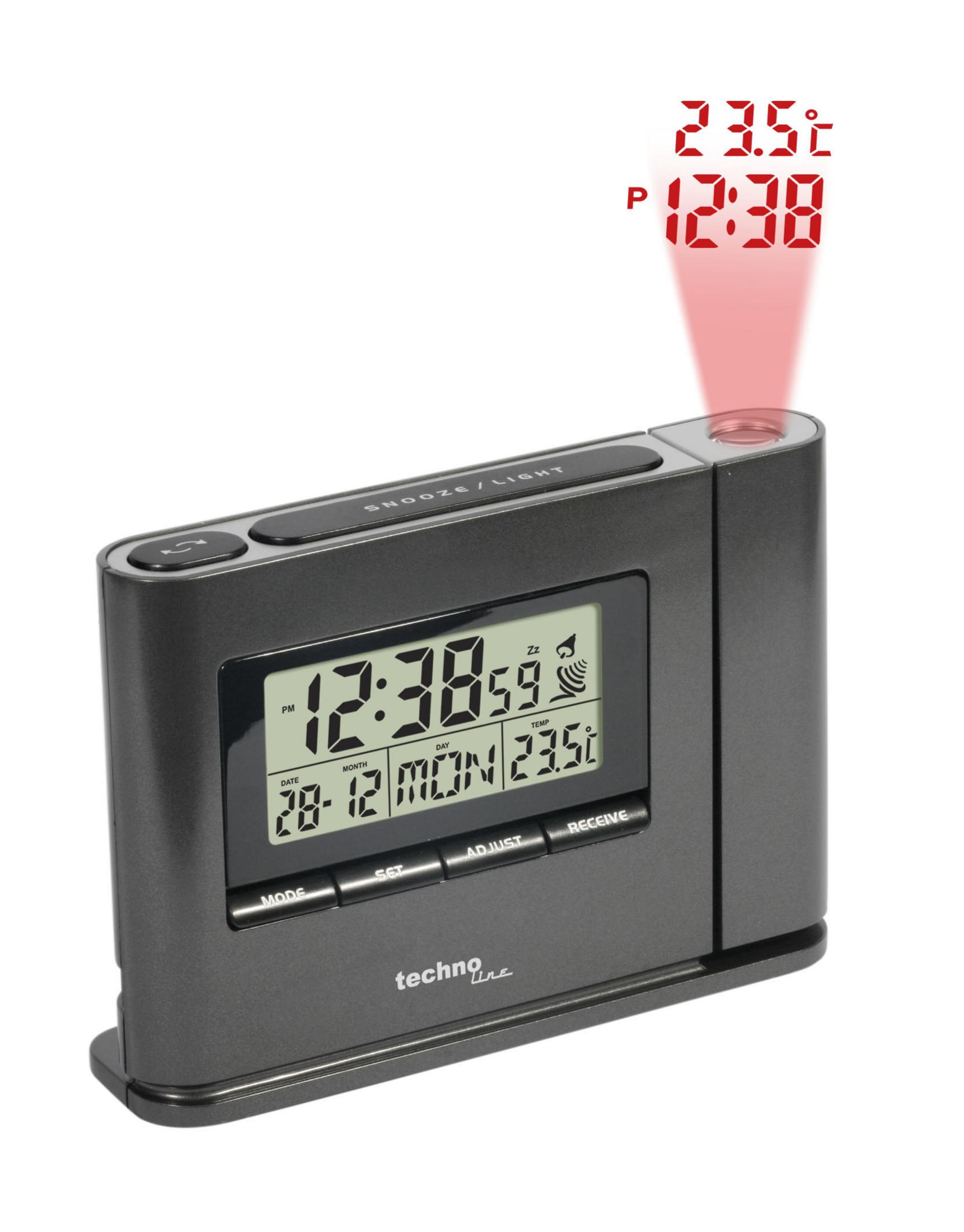 Ein grauer digitaler Wecker, der Zeit und Temperatur in Rot projiziert.