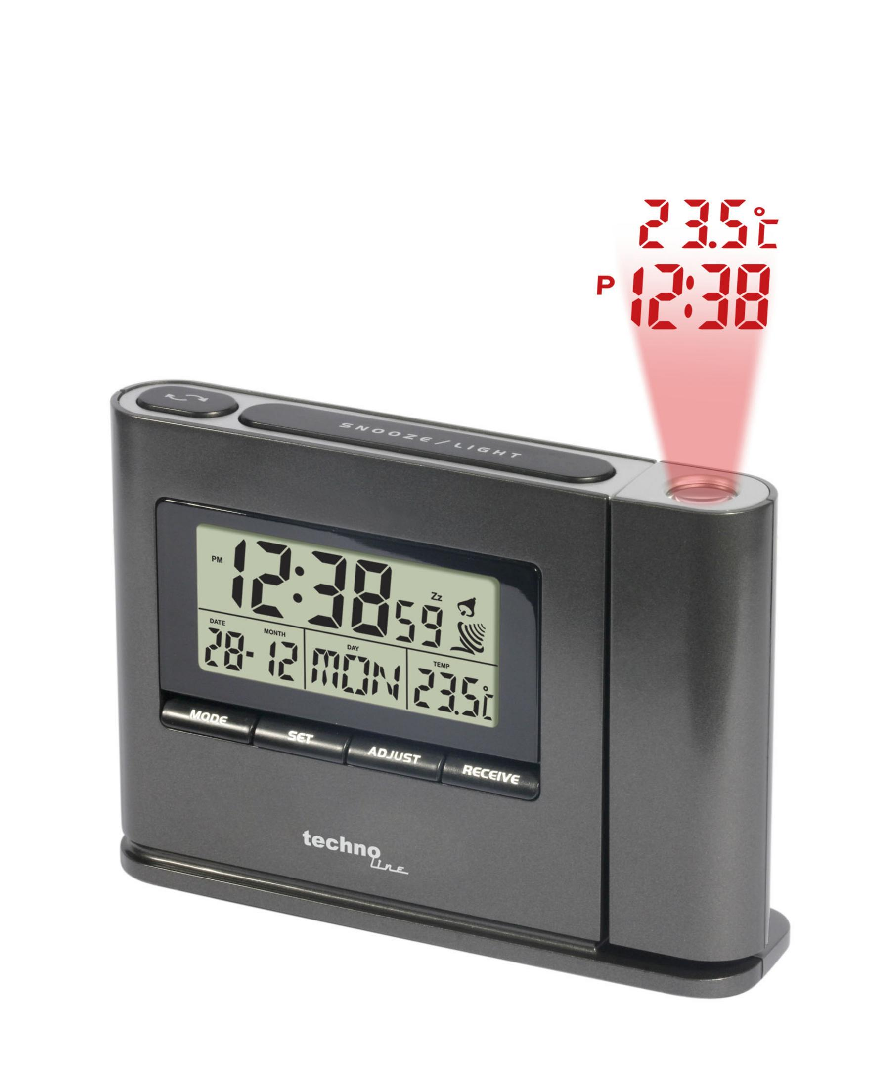Grauer digitaler Wecker mit projizierter Zeitanzeige. Er zeigt Datum und Temperatur.