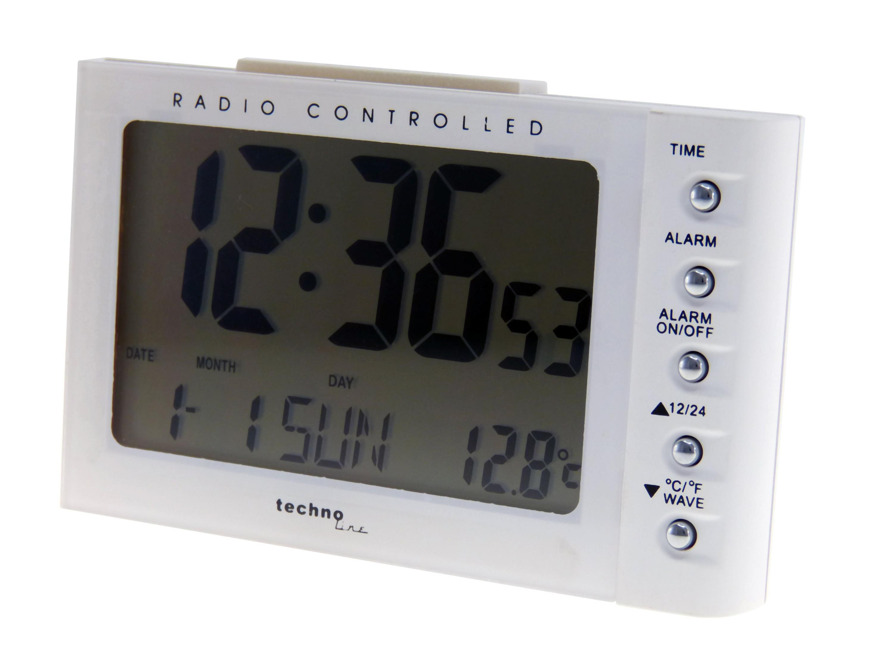 Eine weiße Digitaluhr, die Zeit, Datum und Temperatur anzeigt, mit Knöpfen. Es ist eine funkgesteuerte Uhr.