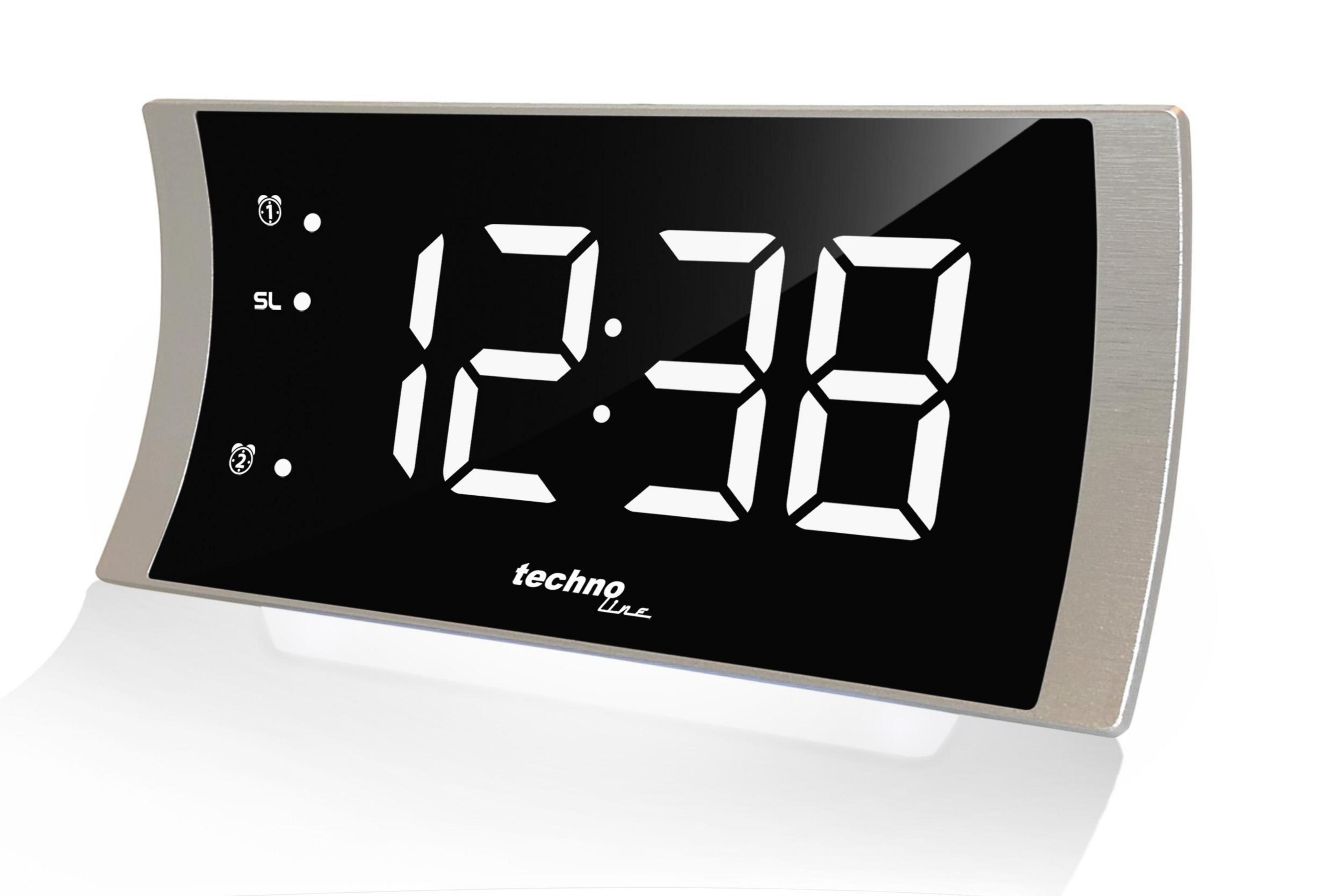 Digitaler Wecker, silberner Rahmen, schwarzes Display mit 12:38, Techno Line Text.