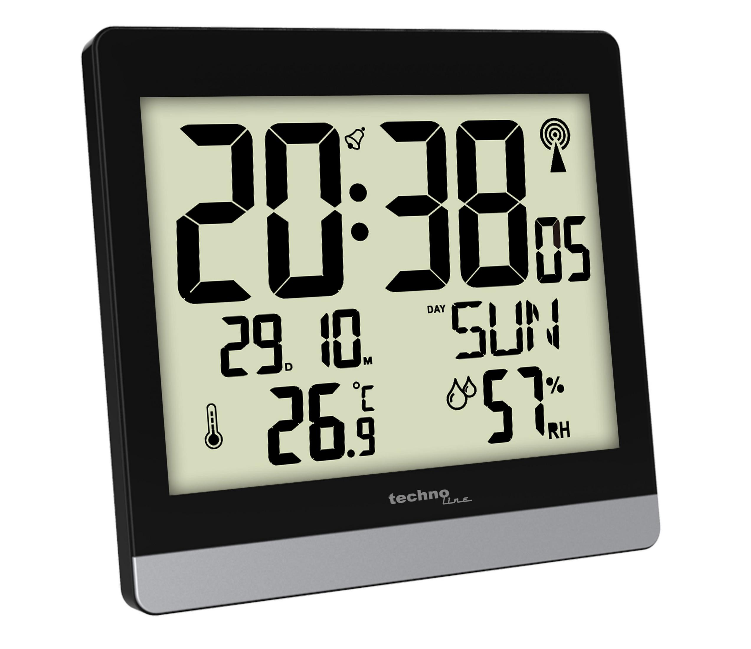 Eine schwarze Digitaluhr zeigt Zeit, Datum und Temperatur an. Das Display ist schwarz-weiß.