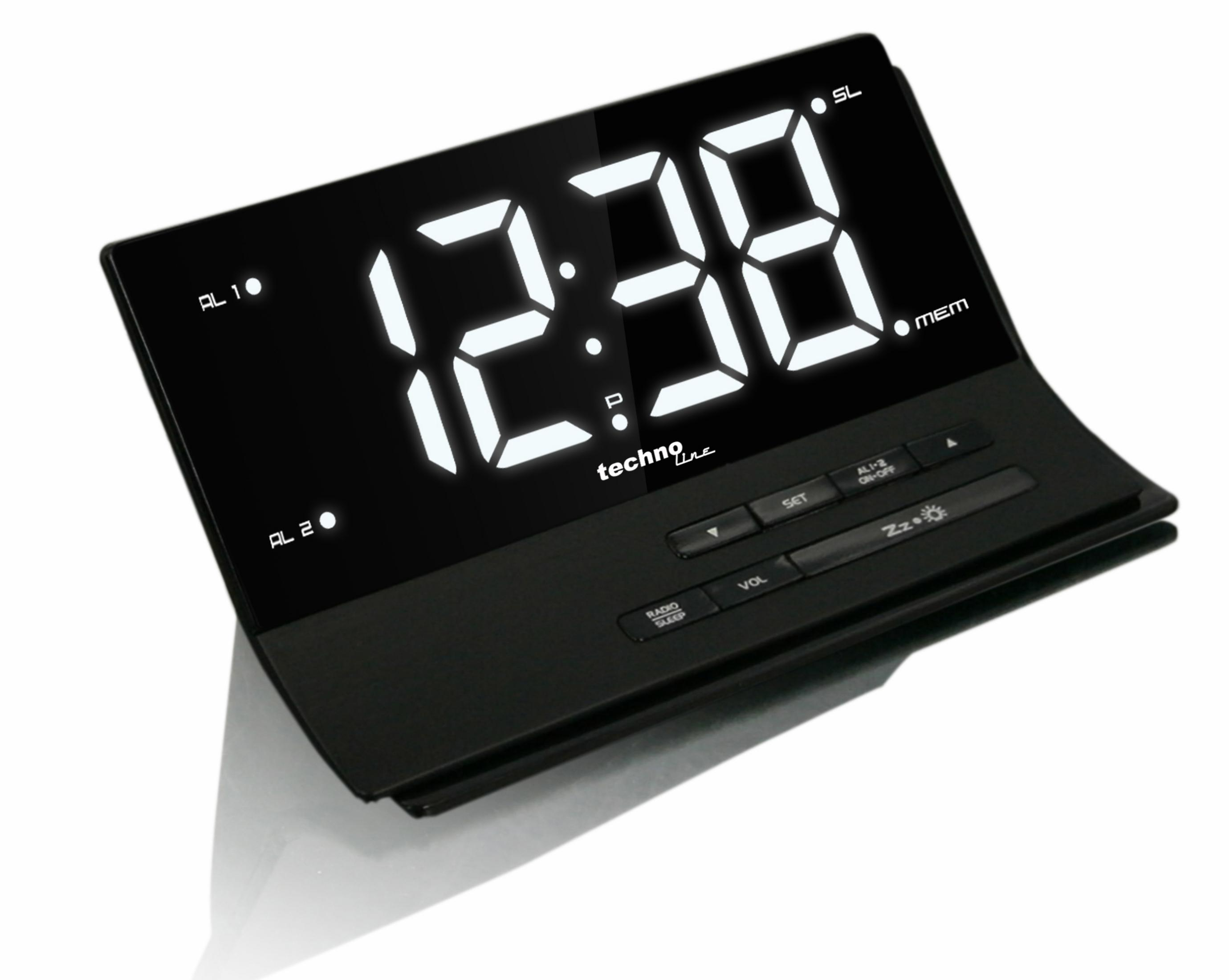 Schwarzer digitaler Wecker, der 12:38 anzeigt.