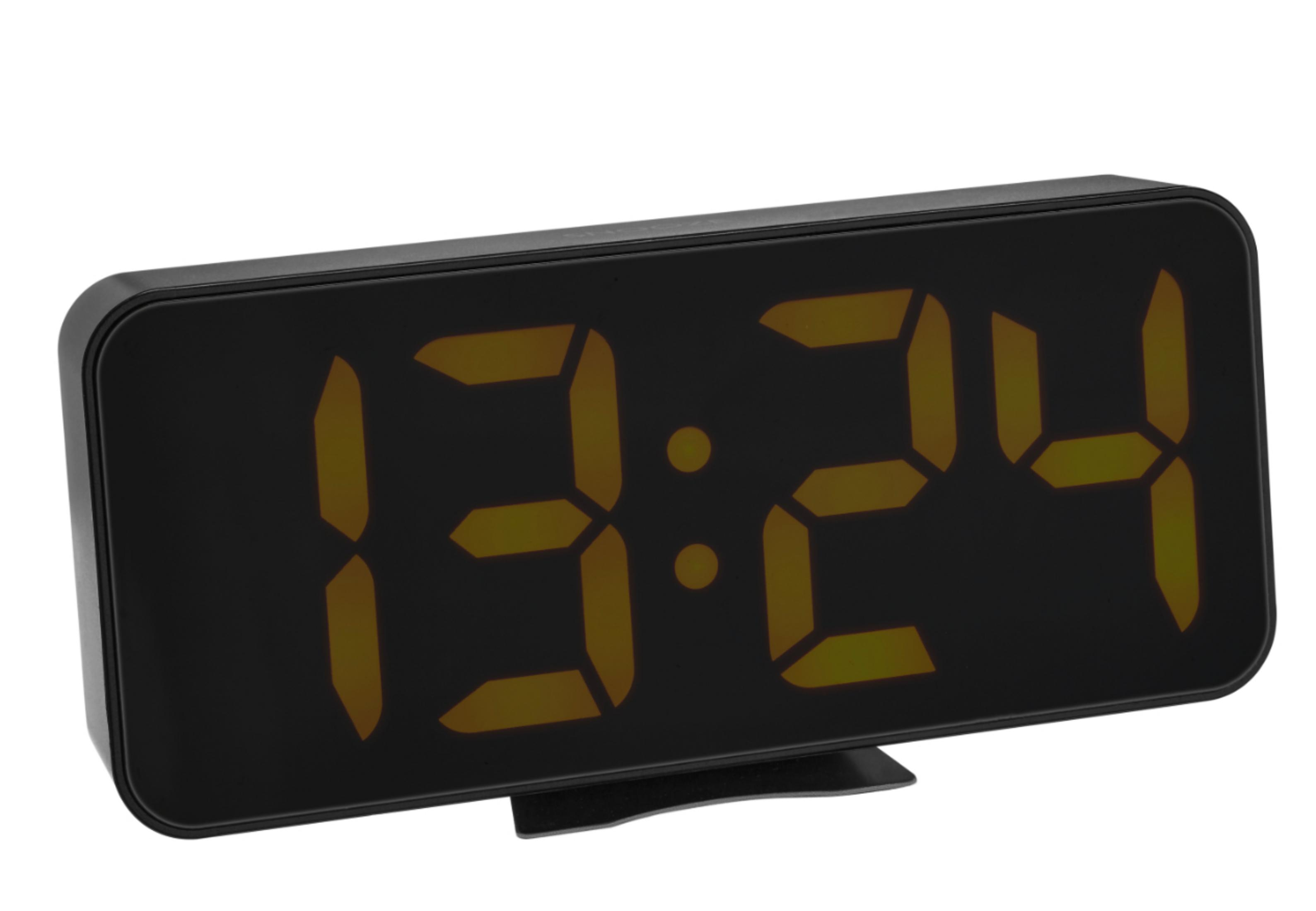 Schwarzer digitaler Wecker mit 13:24 in Orange, auf schwarzem Ständer, vor weißem Hintergrund.