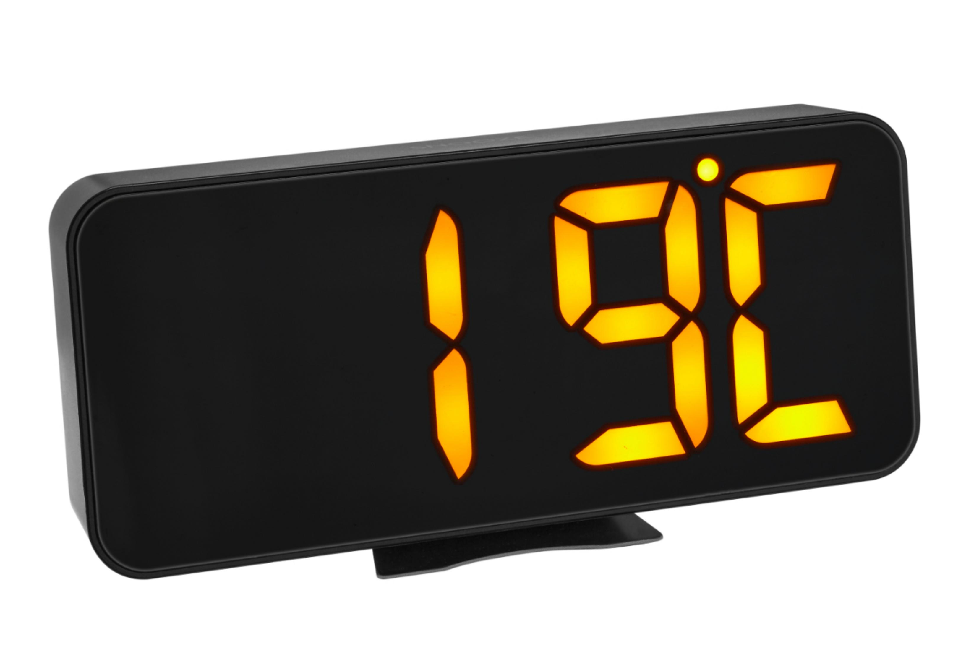 Schwarze Digitaluhr mit Anzeige von 19°C. Die Uhr hat eine schwarze Rechteckform.