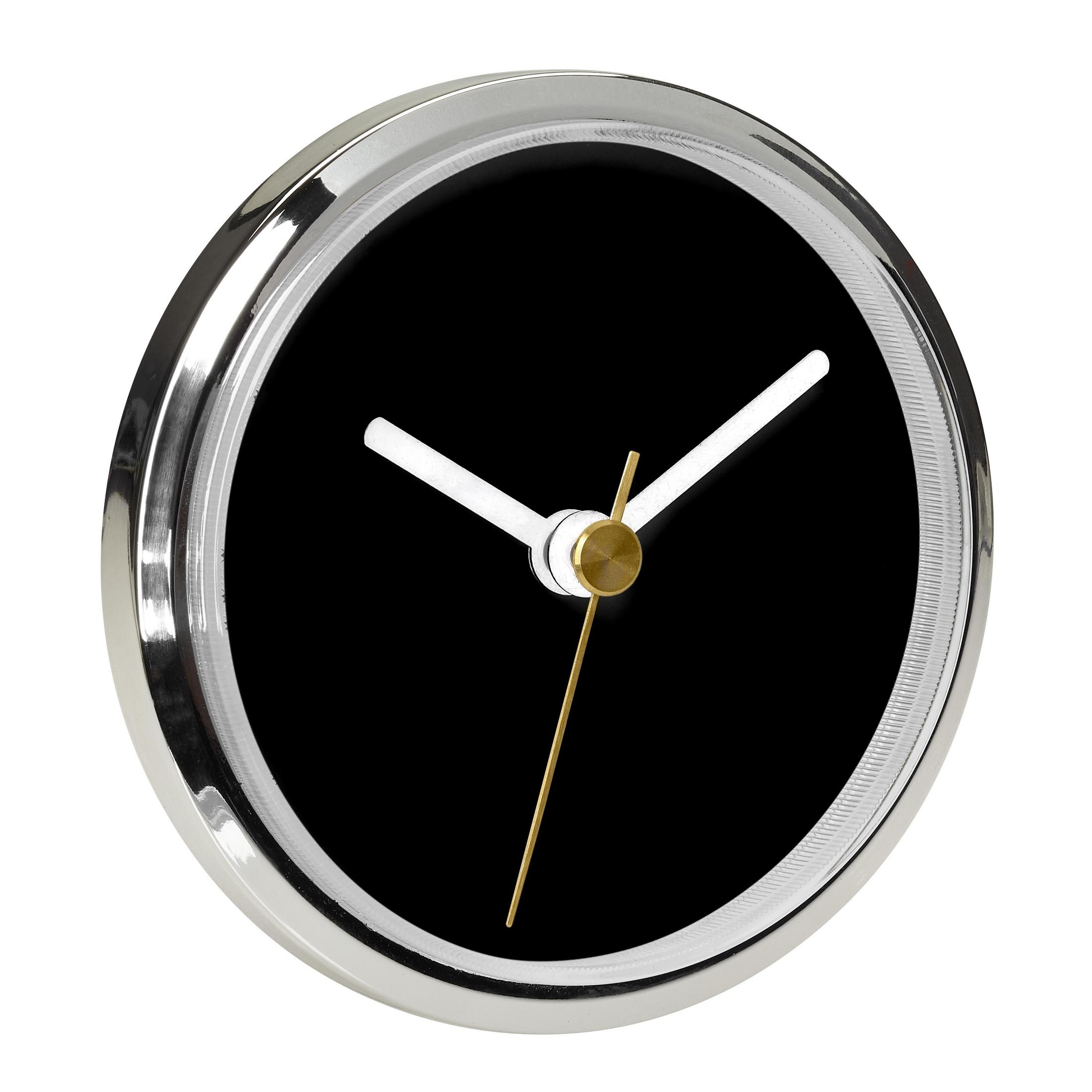 Runde Uhr mit schwarzem Zifferblatt und weißen Zeigern, mit silbernem Rahmen.