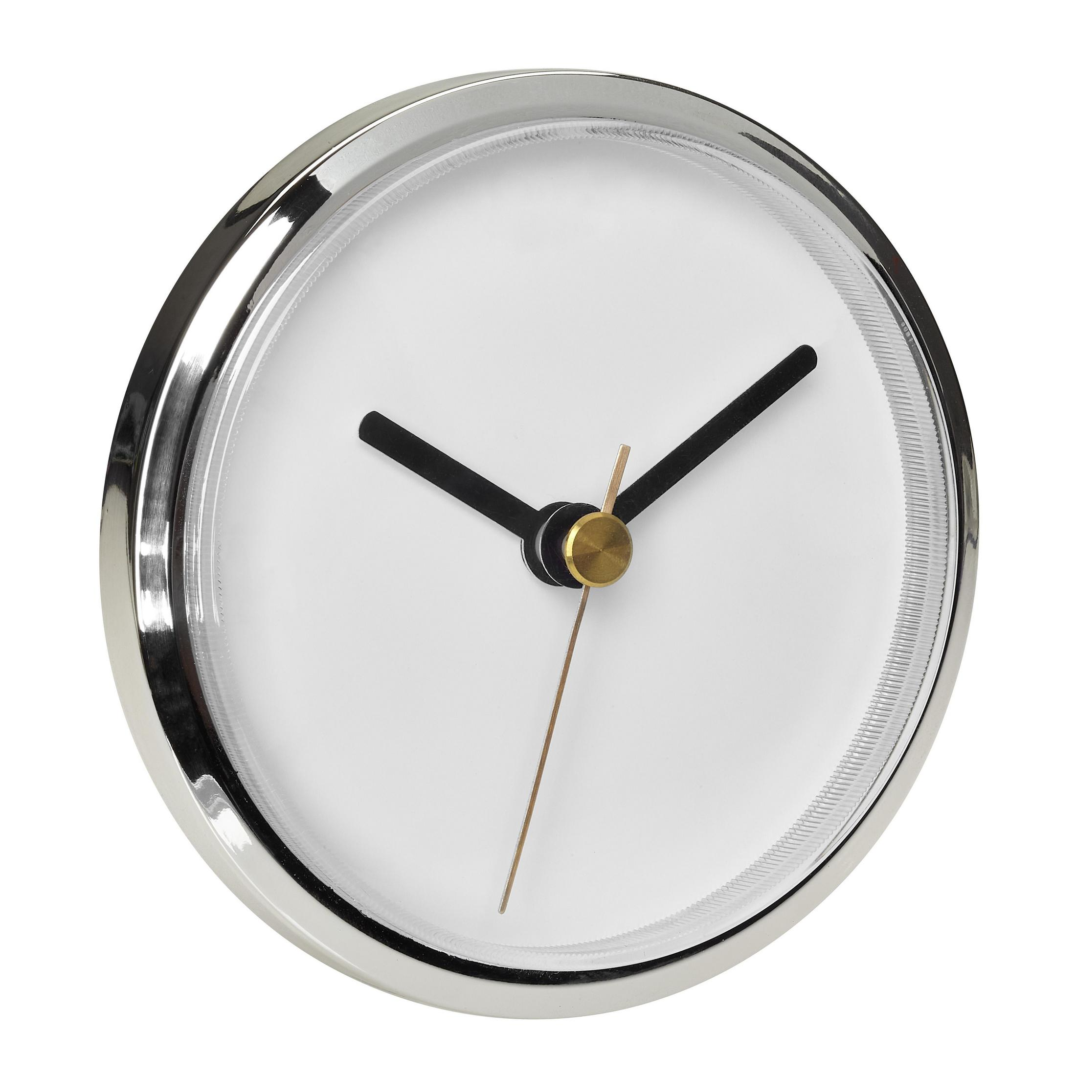Eine runde Uhr mit silbernem Rahmen, weißem Zifferblatt und schwarzen Zeigern.