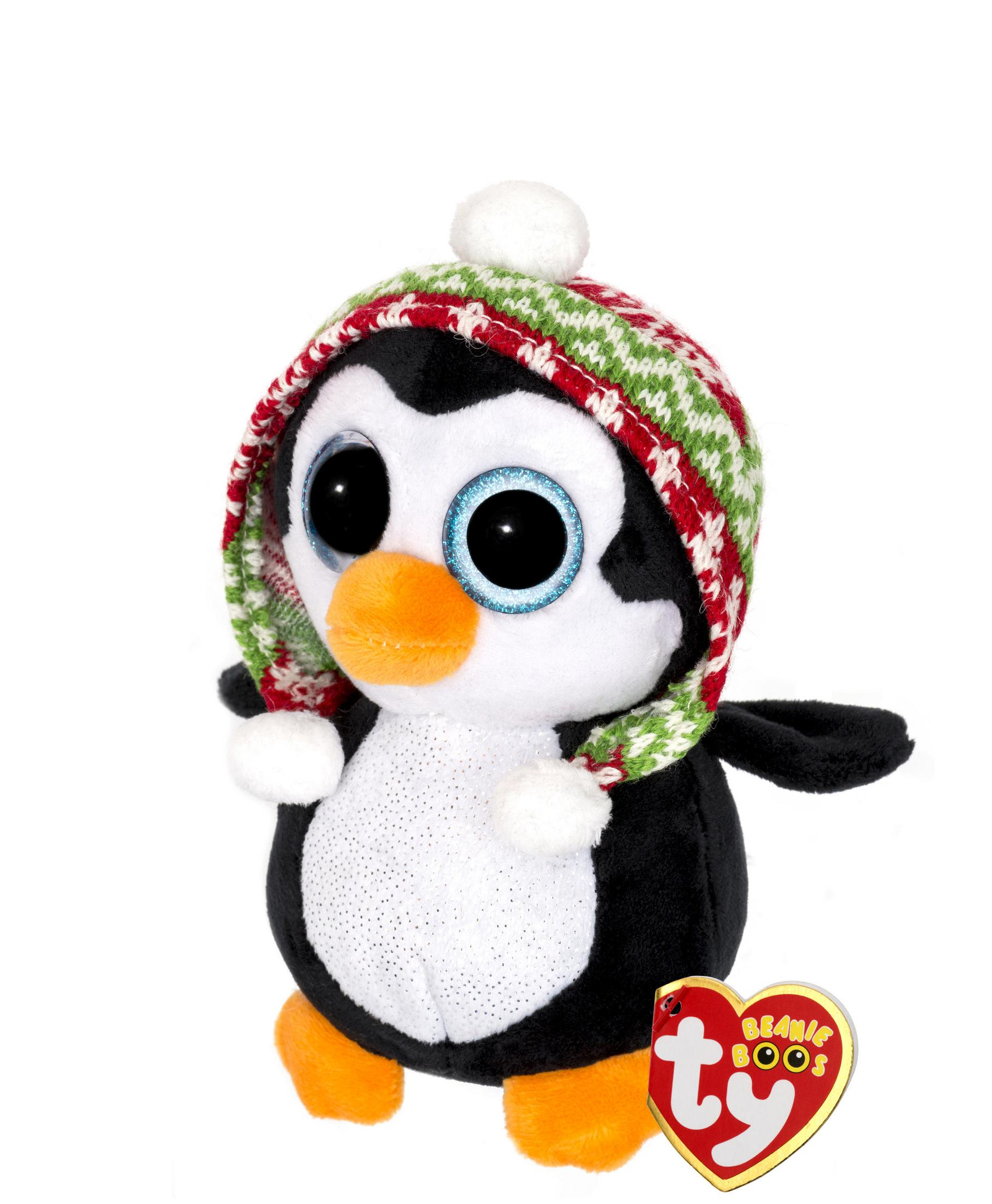 Ein Pinguin-Plüschtier mit roter und grüner Mütze und großen Augen.