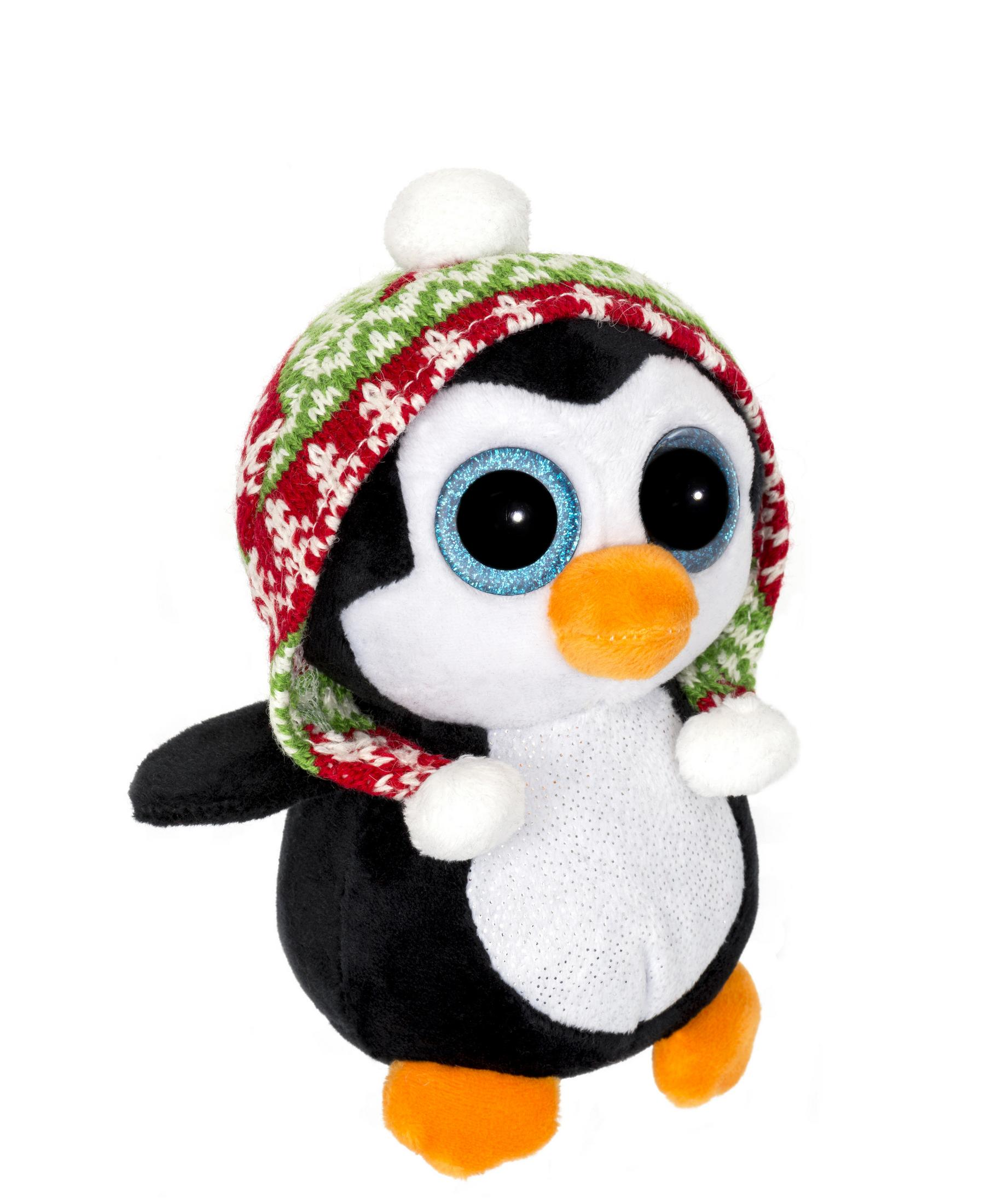 Ein Pinguin-Plüschtier mit buntem Strickhut. Der Pinguin hat große blaue Augen. Weißer Hintergrund.