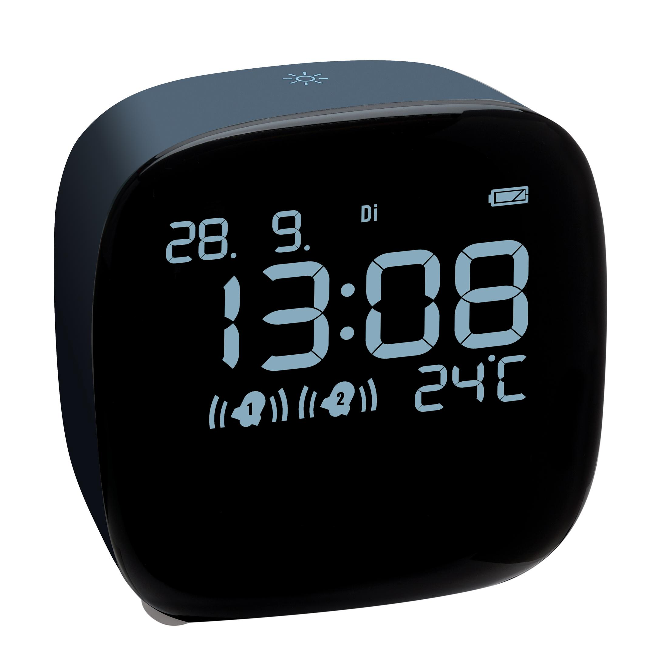 Blaue und schwarze Digitaluhr mit Anzeige von Zeit, Datum, Temperatur und Wecker-Symbolen.