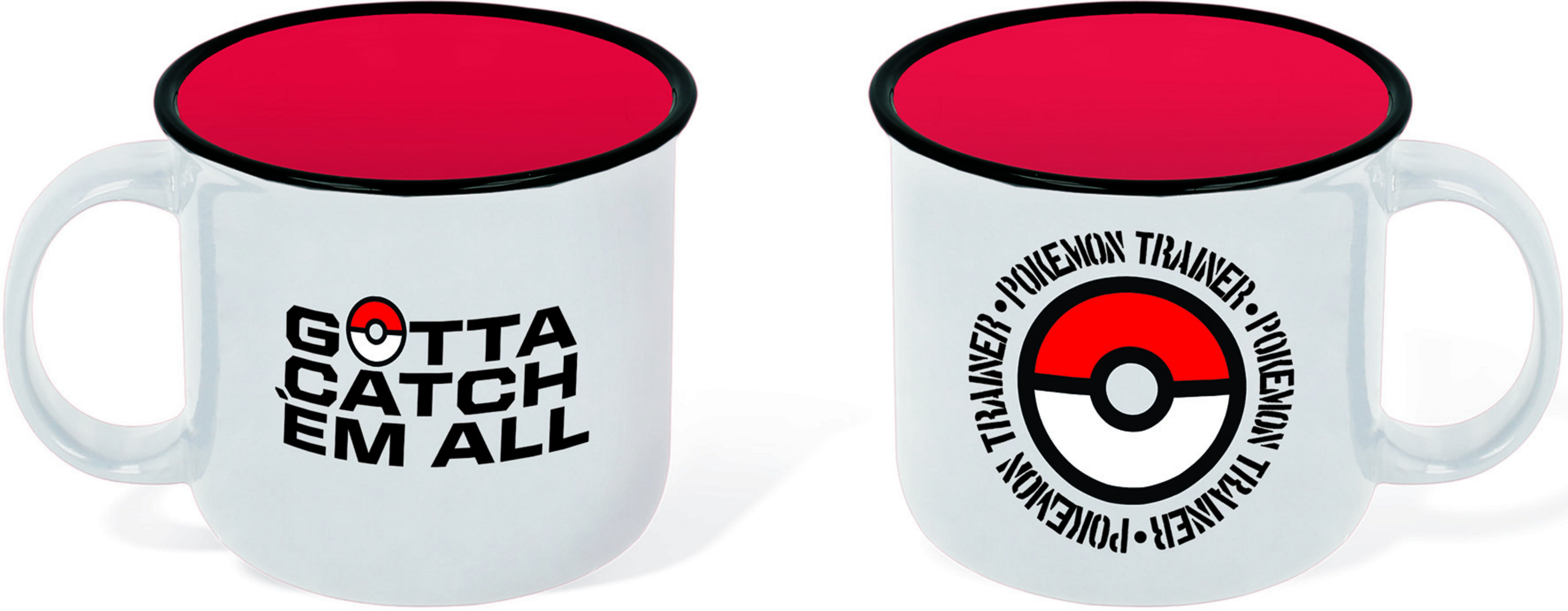 Zwei weiße Tassen, eine mit 'GOTTA CATCH EM ALL' und Poke Ball, die andere mit 'POKEMON TRAINER'.