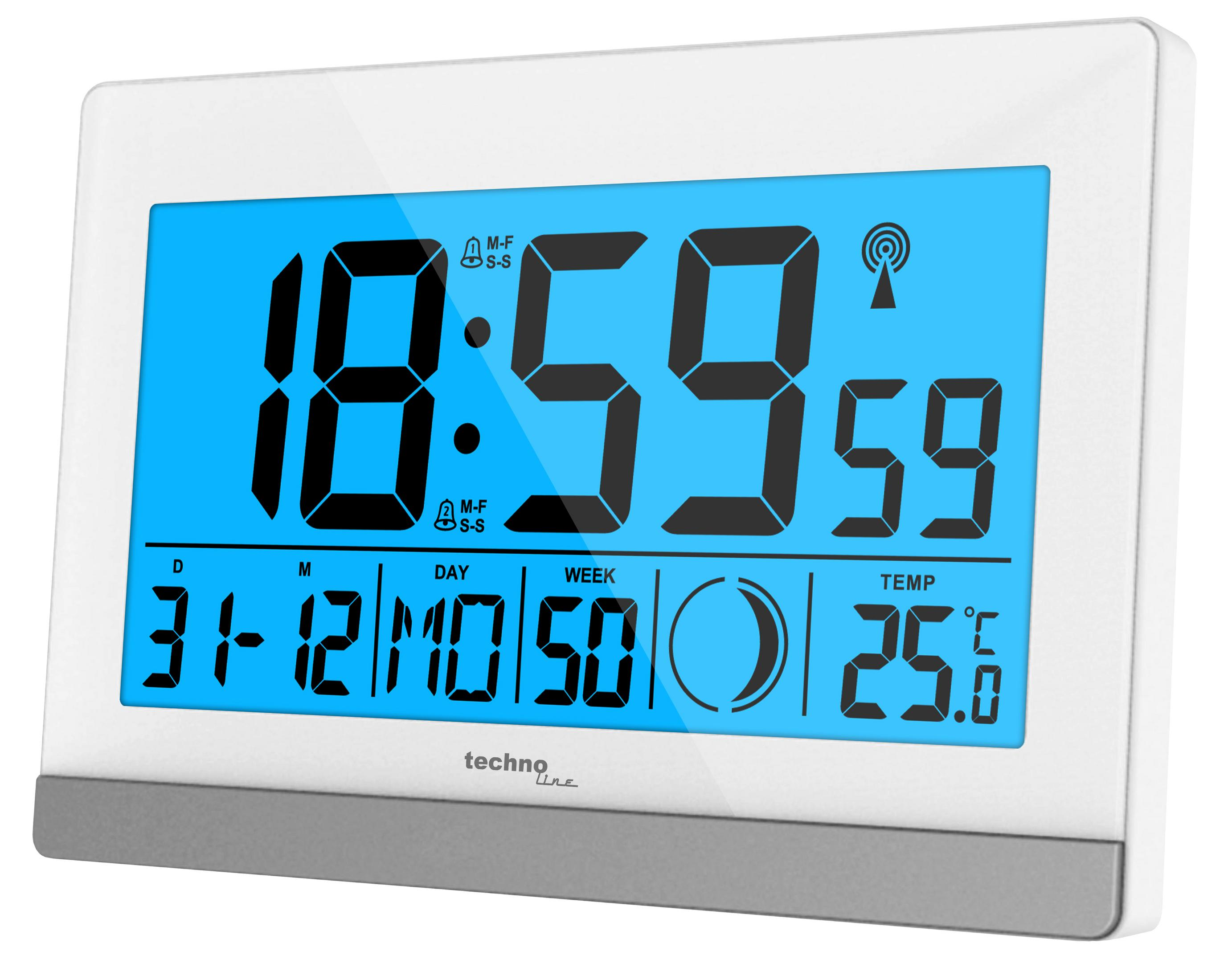 Digitaluhr mit der Anzeige 18:59:59 und dem Datum 31-12-MO. Sie hat einen blauen Bildschirm.