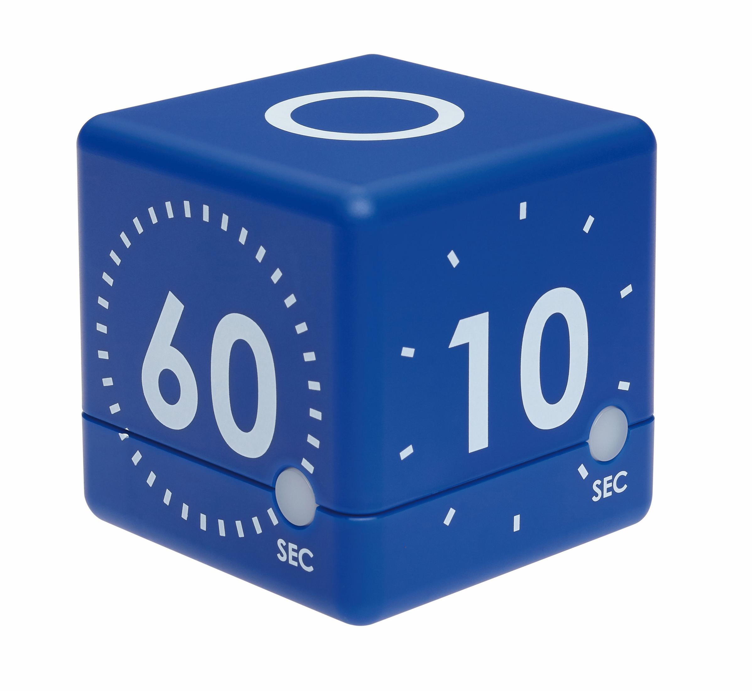 Blauer Würfel-Timer mit Zahlen 60 und 10. Mit SEC markiert.