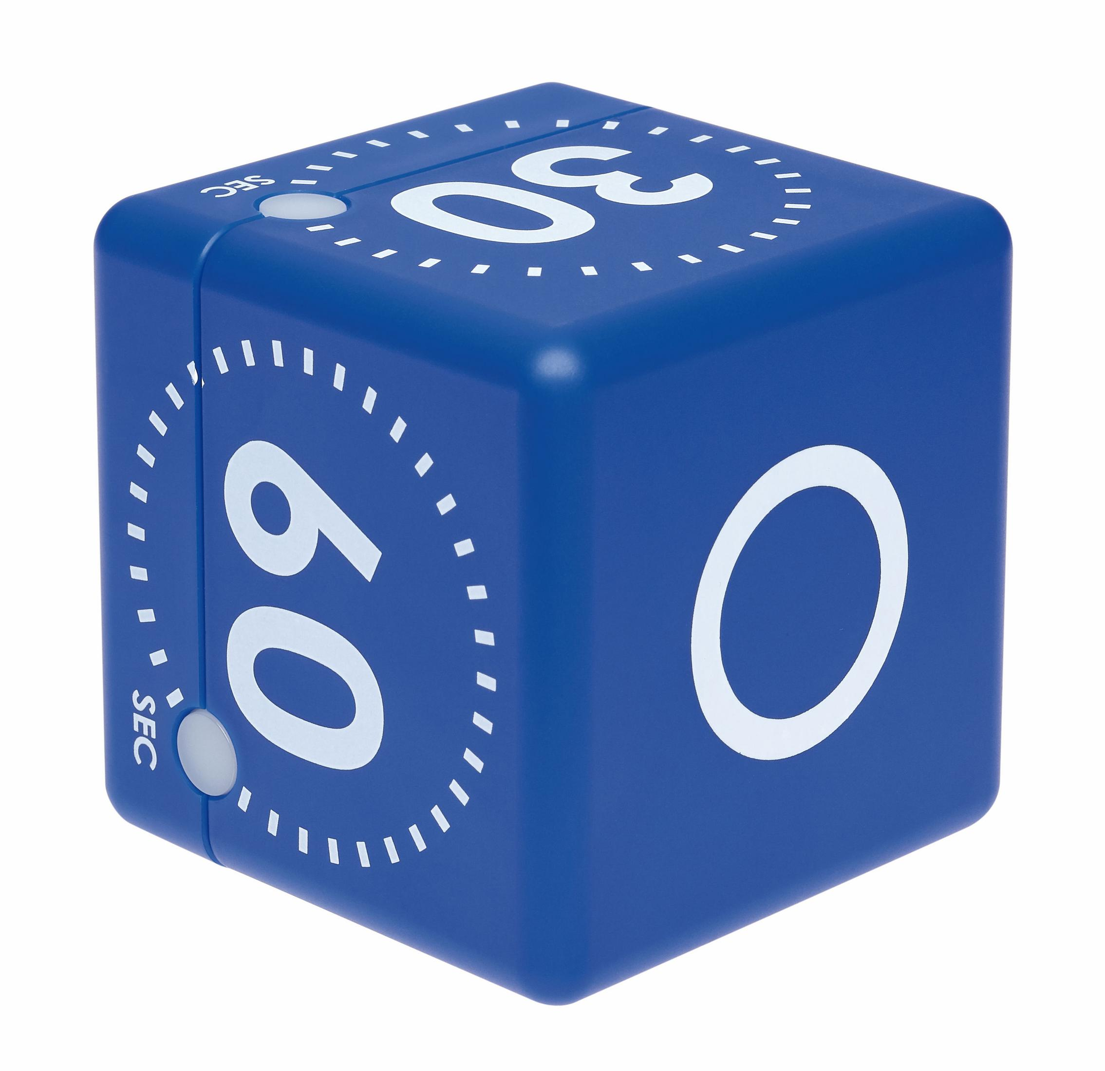 Ein blauer Würfel-Timer mit weißen Zahlen 0, 30 und 60 und dem Wort SEC darauf.