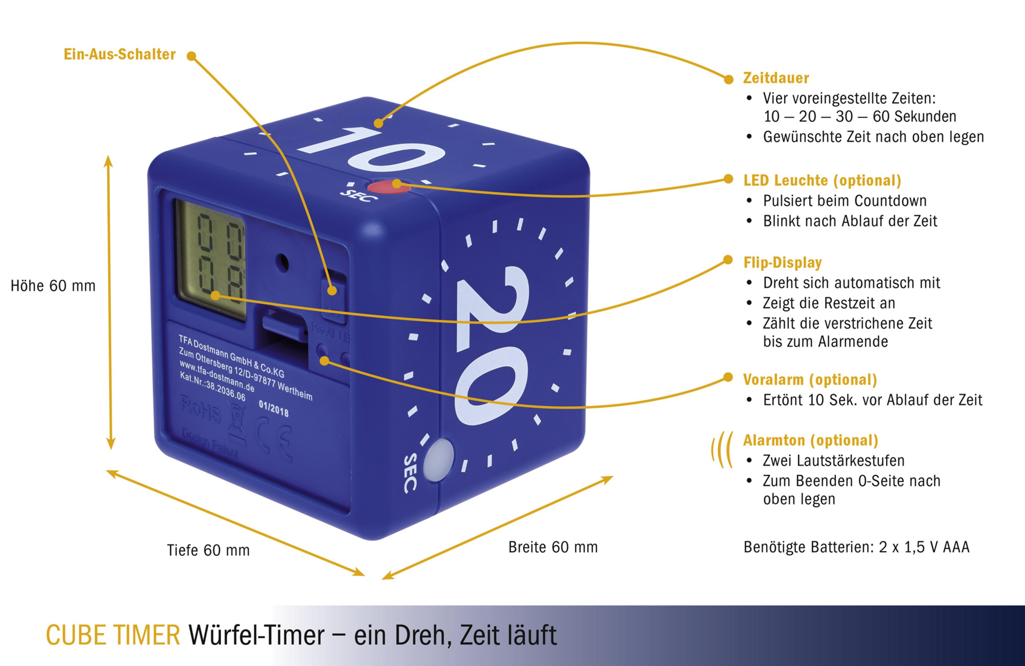 Ein blauer Würfel-Timer mit weißen Zahlen und Beschriftungen. Der Timer zeigt 10 und 20 Sekunden an.