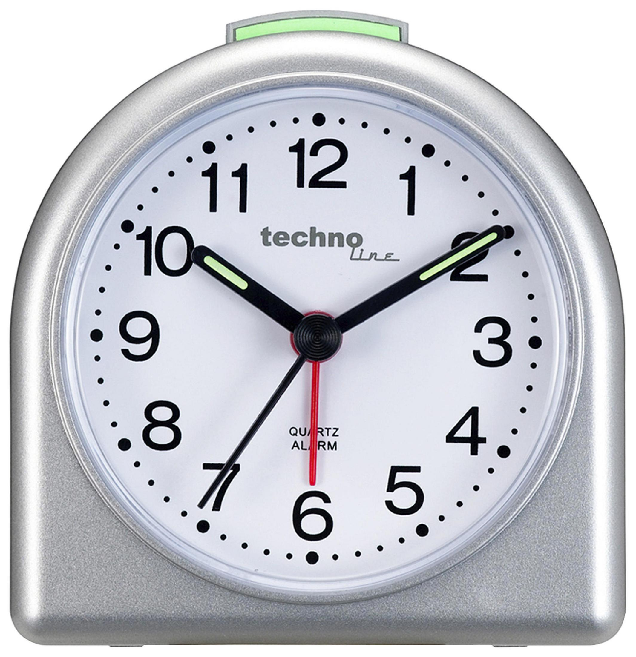 Silberner Wecker mit weißem Zifferblatt, schwarzen Zahlen und Zeigern, rotem Sekundenzeiger.