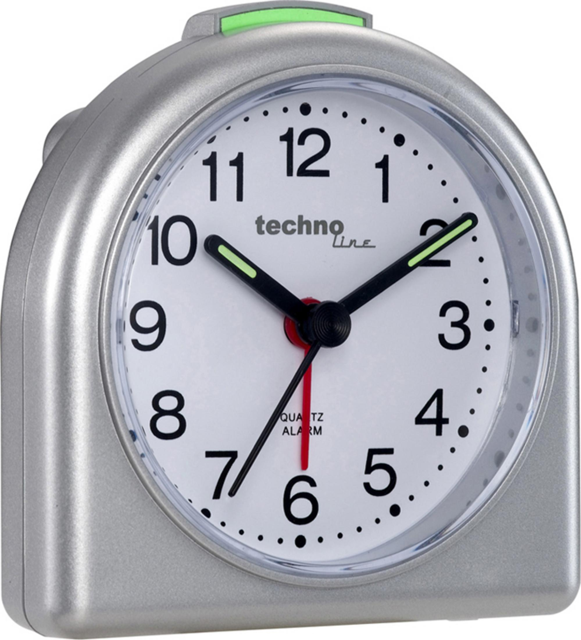 Ein silberner Wecker mit weißem Zifferblatt, schwarzen Zeigern und einem roten Sekundenzeiger.