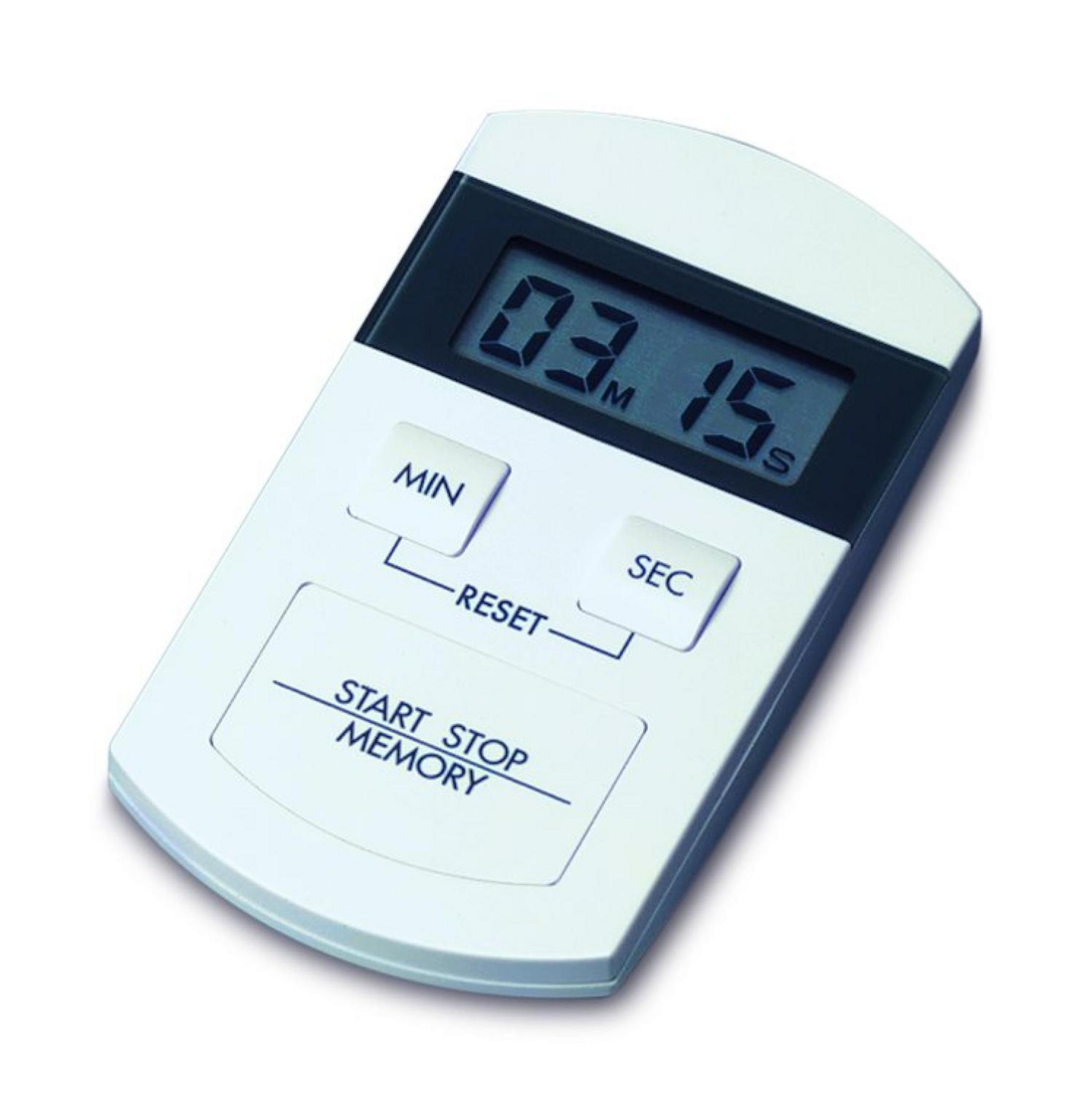 Un timer da cucina digitale bianco con display 03m 15s, pulsanti Min, Sec e Start.