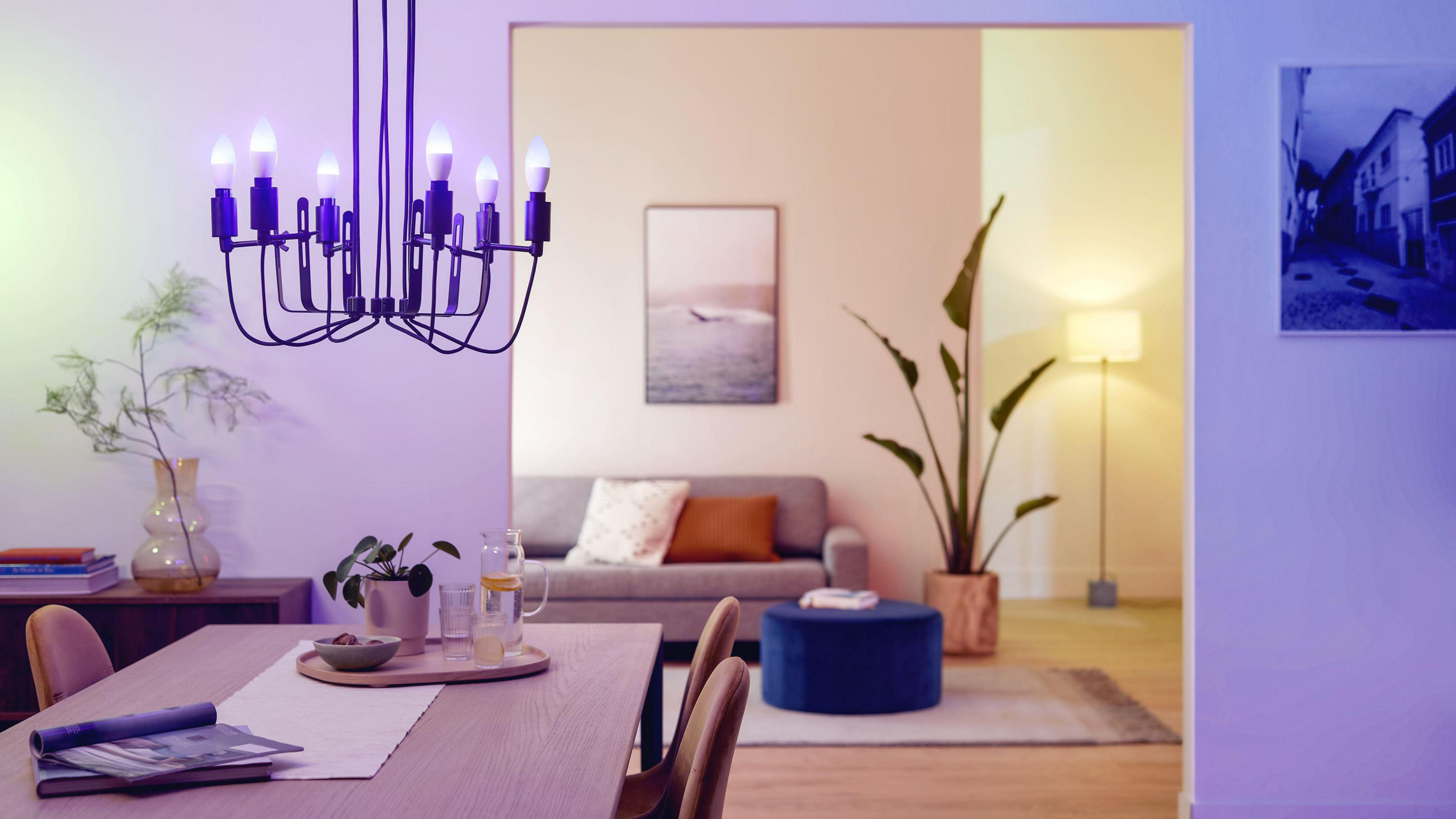 Salon z żyrandolem, sofą i stołem. Obraz i roślina w tle.