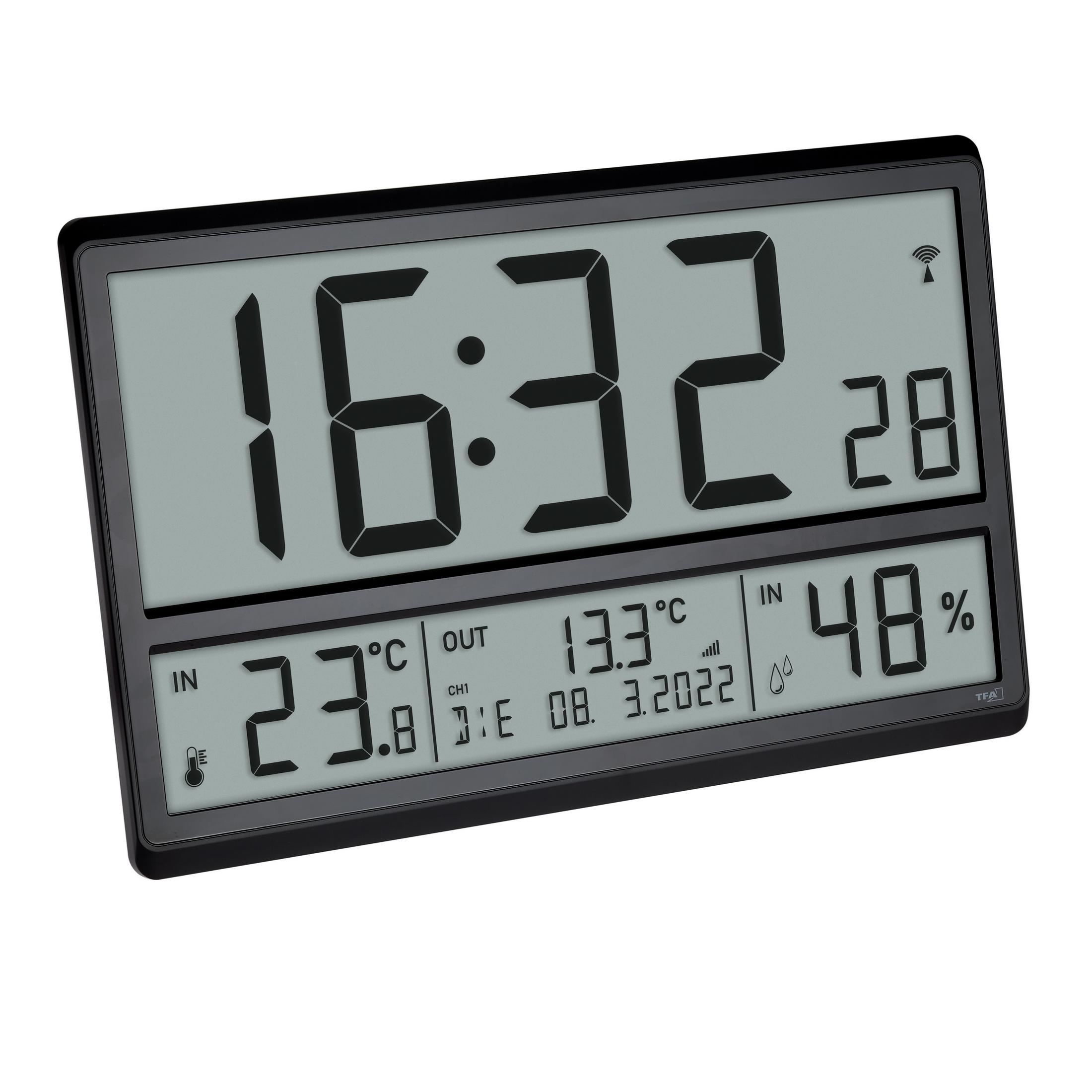 Orologio digitale con ora, temperatura e umidità. Cornice nera con ampio display.