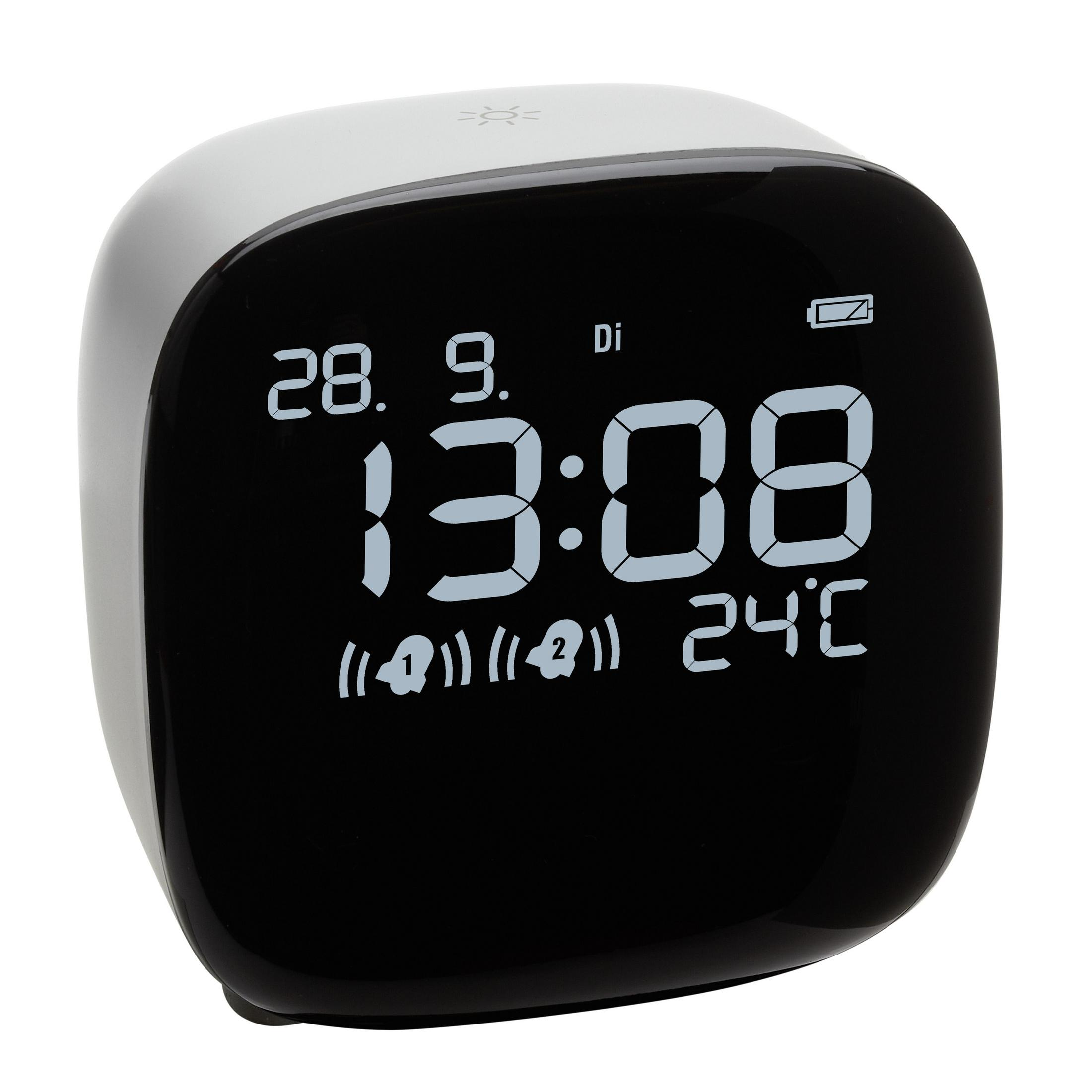 Orologio digitale in bianco e nero che mostra data, ora e temperatura.