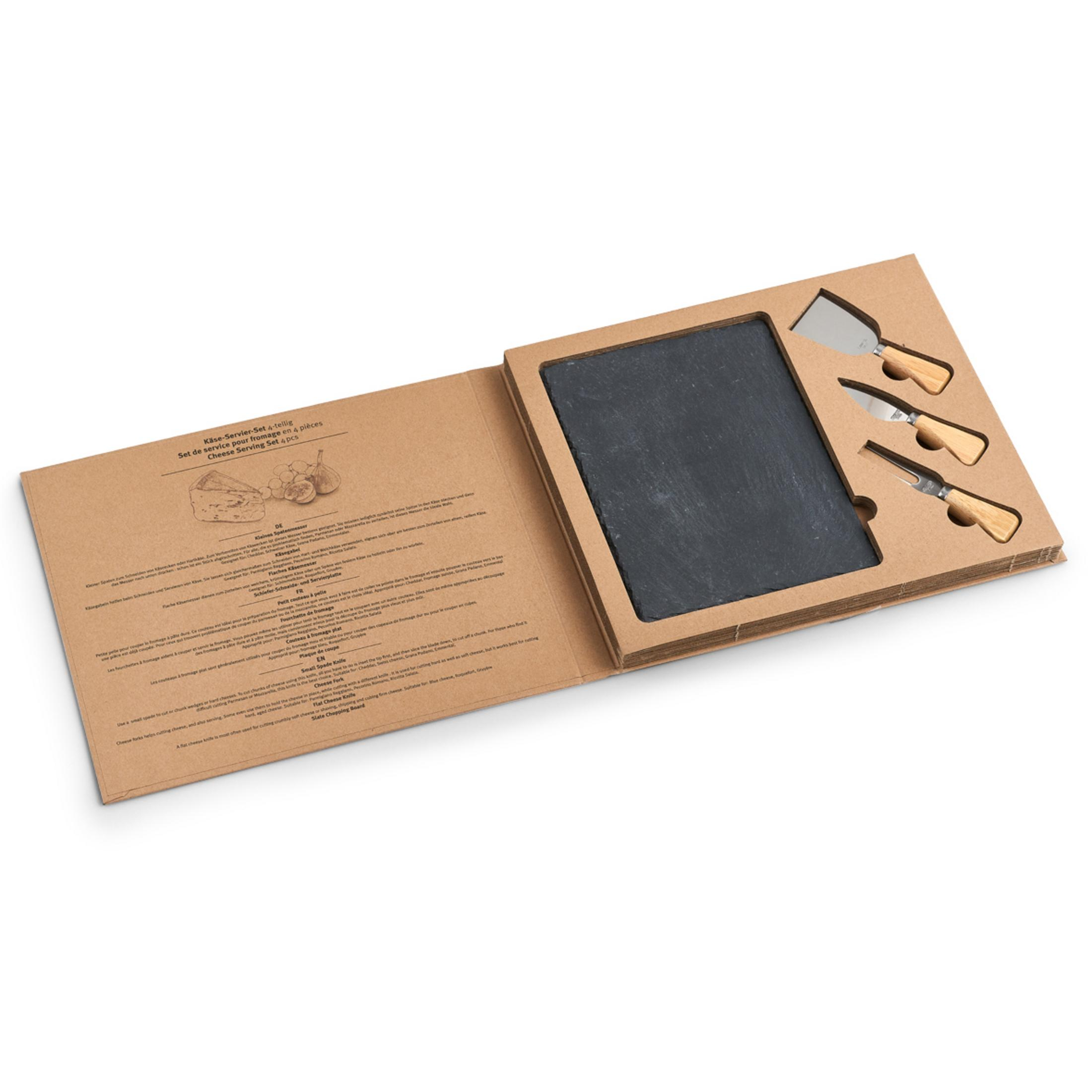 Käseservice-Set in einer offenen Box. Enthält eine Schiefertafel und Käsemesser.
