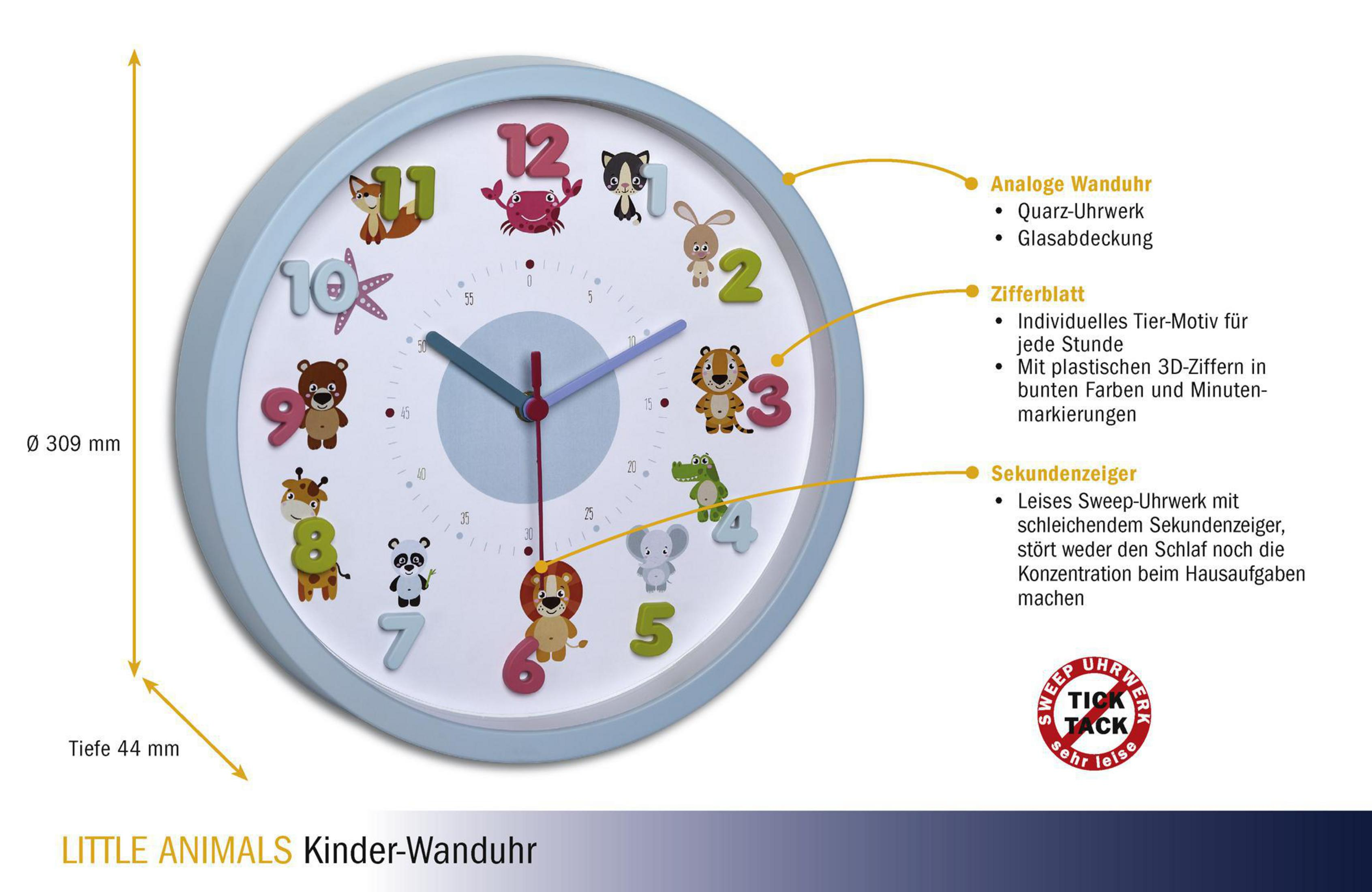 Eine hellblaue Uhr mit Zahlen im Tiermotiv. Die Uhr hat ein hellblaues Ziffernblatt mit Tierfiguren.