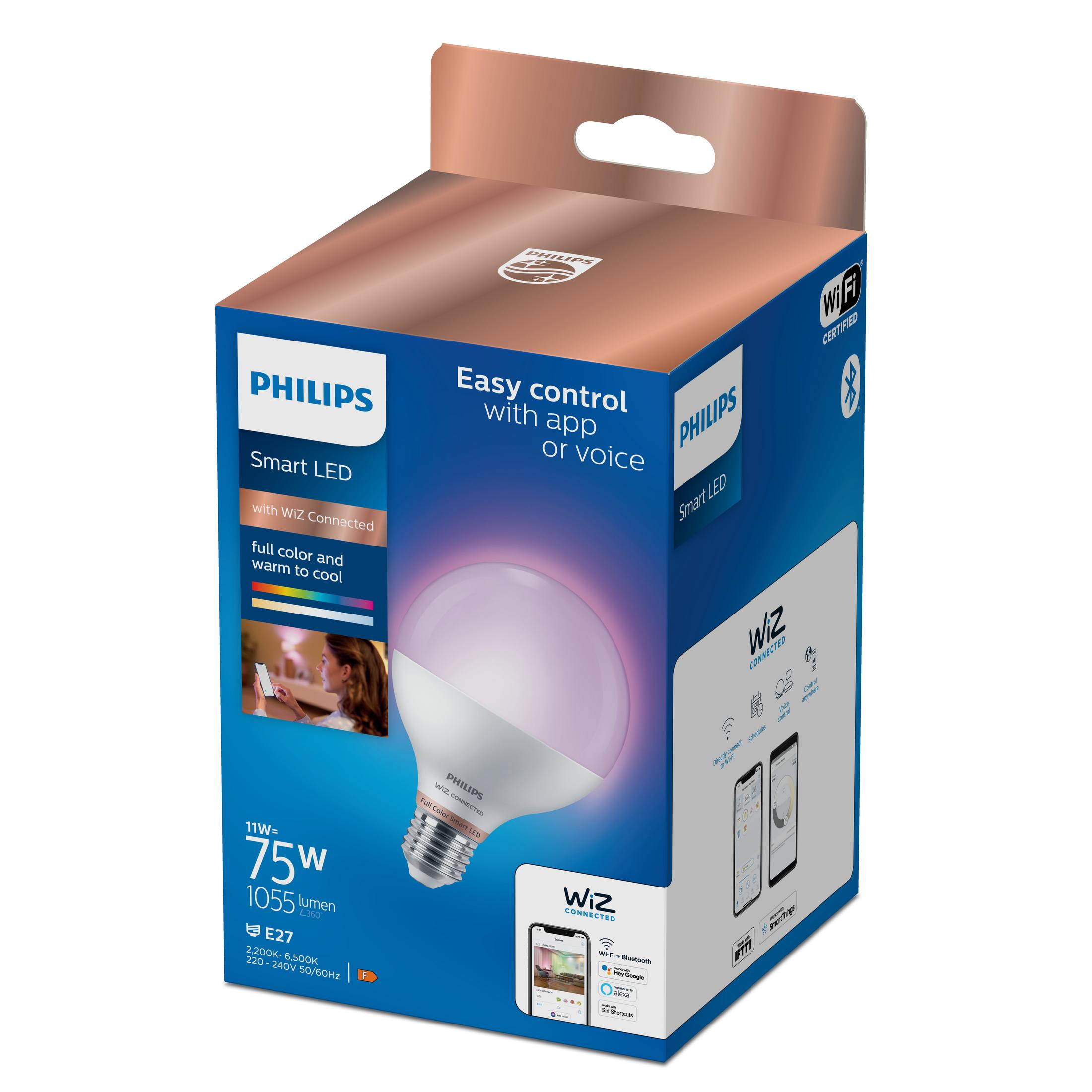 Żarówka LED Philips Smart w pudełku. Pudełko pokazuje żarówkę, funkcje i aplikację WiZ.