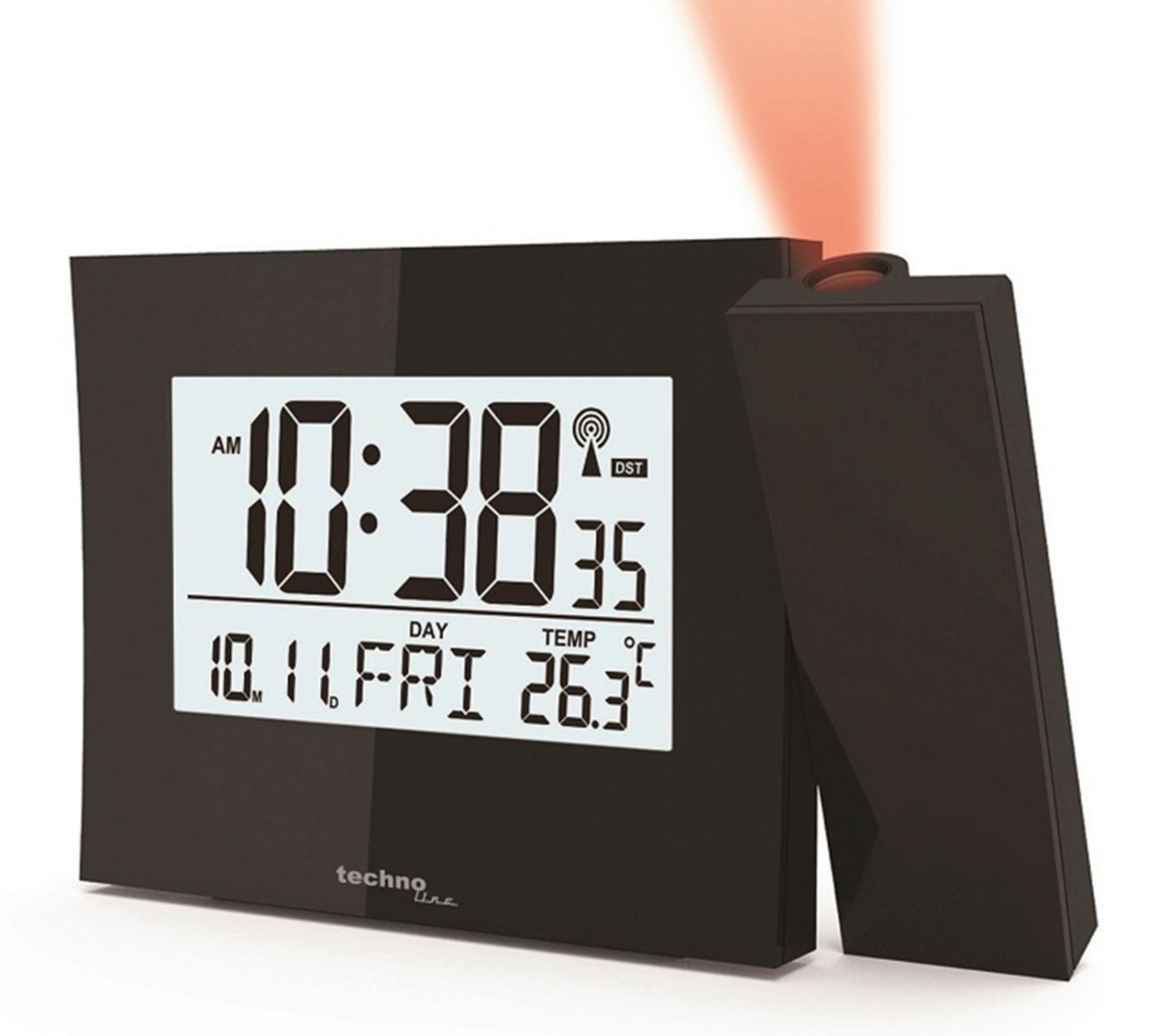 Horloge Techno Line noire avec unité de projection projetant une lumière rouge. Fond blanc.