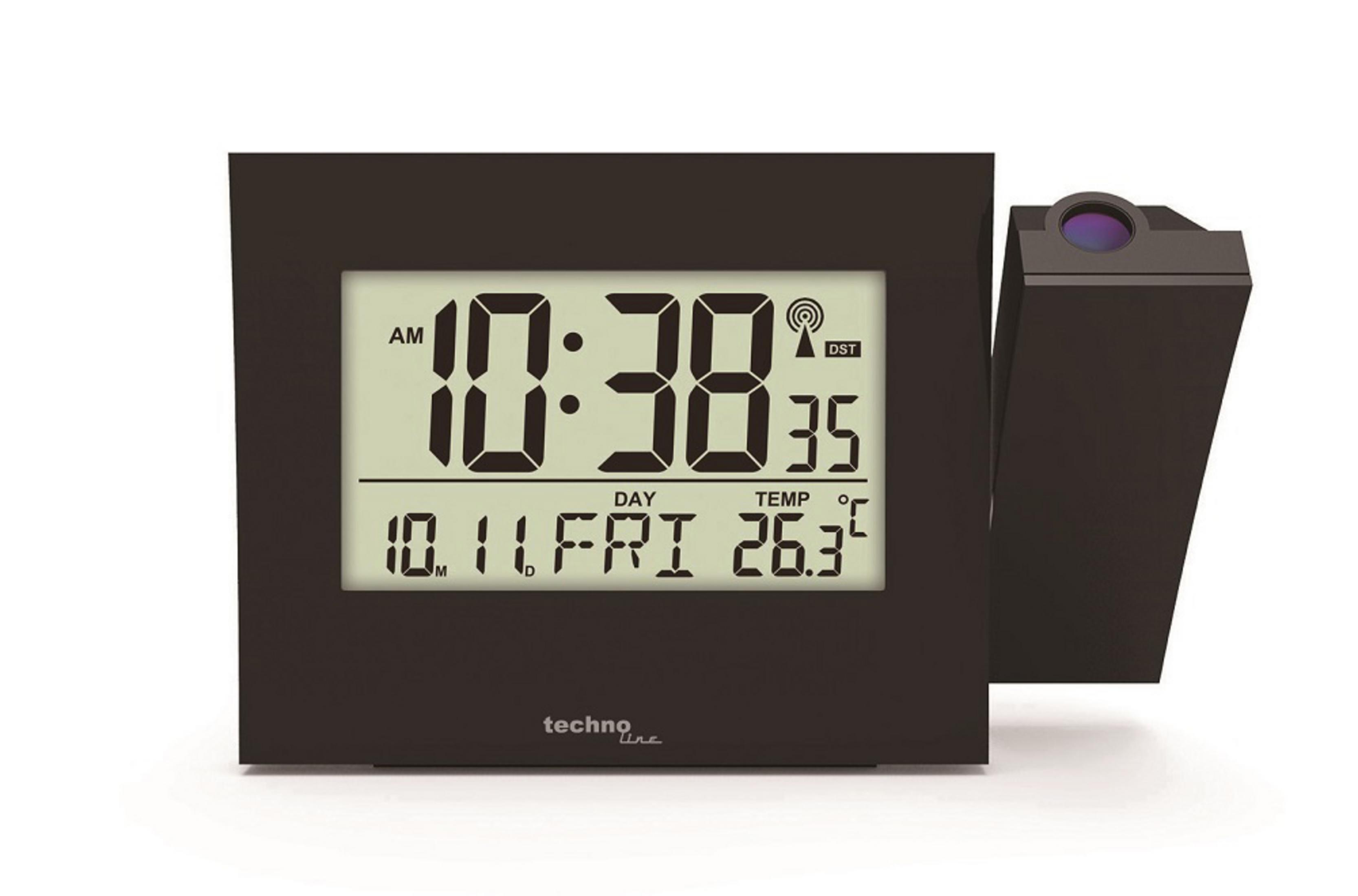 Horloge numérique noire affichant l'heure, la date et la température sur fond blanc.