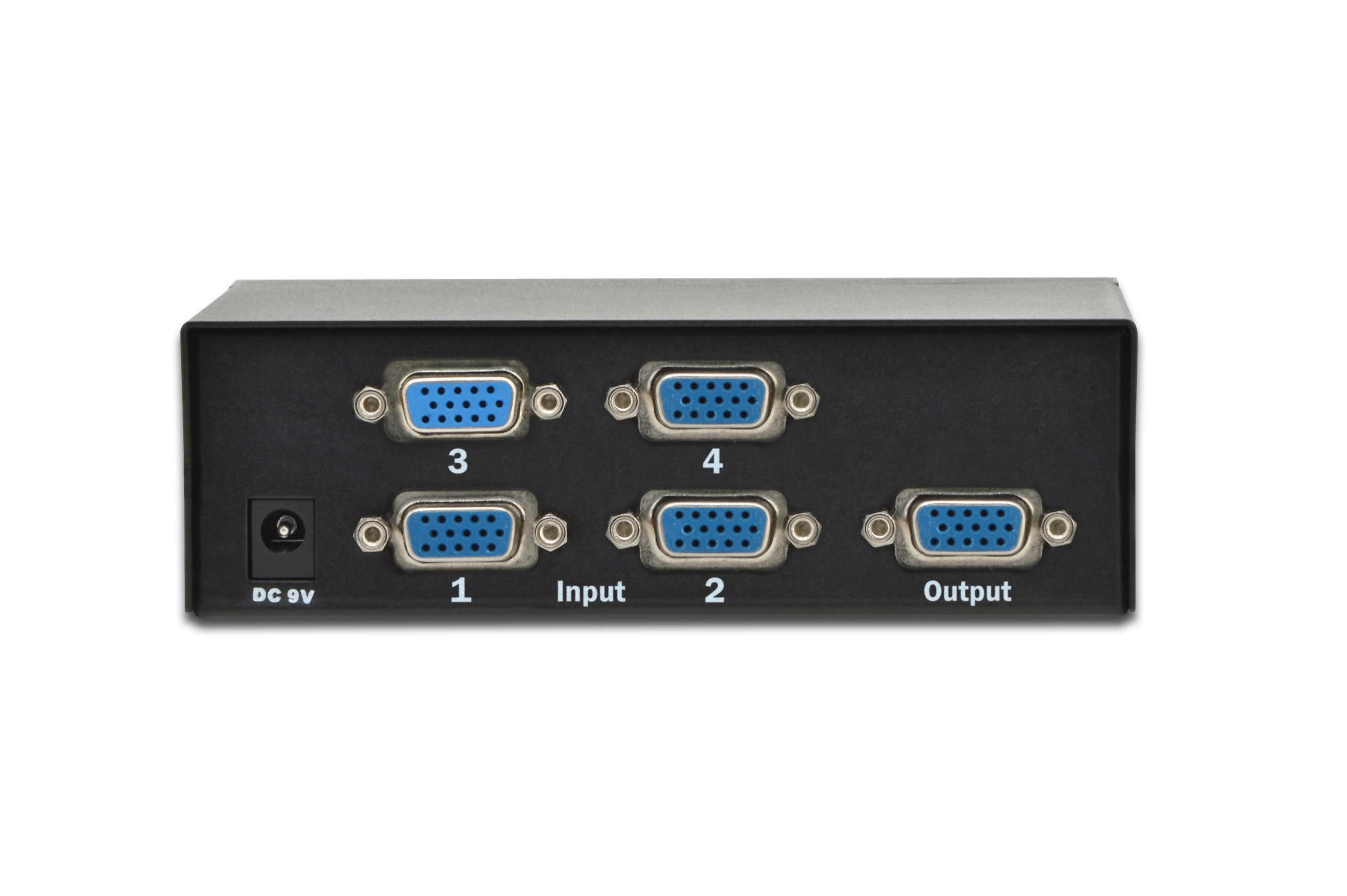 Schwarzer VGA-Switch mit 4 Eingangs- und 1 Ausgangsanschluss auf weißem Hintergrund.