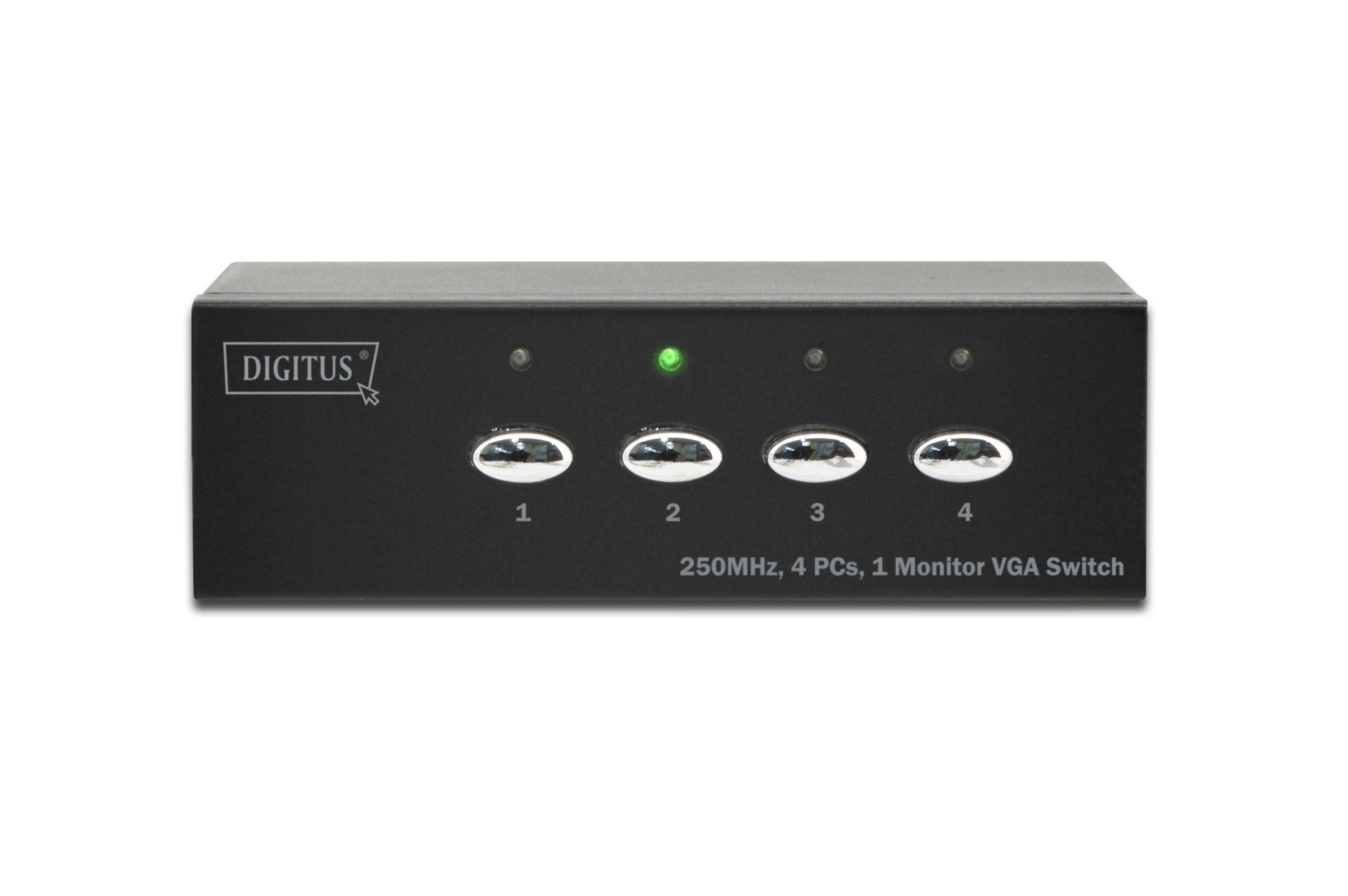 Ein schwarzer VGA-Switch mit vier Tasten und einem grünen Licht, beschriftet mit 'DIGITUS'.