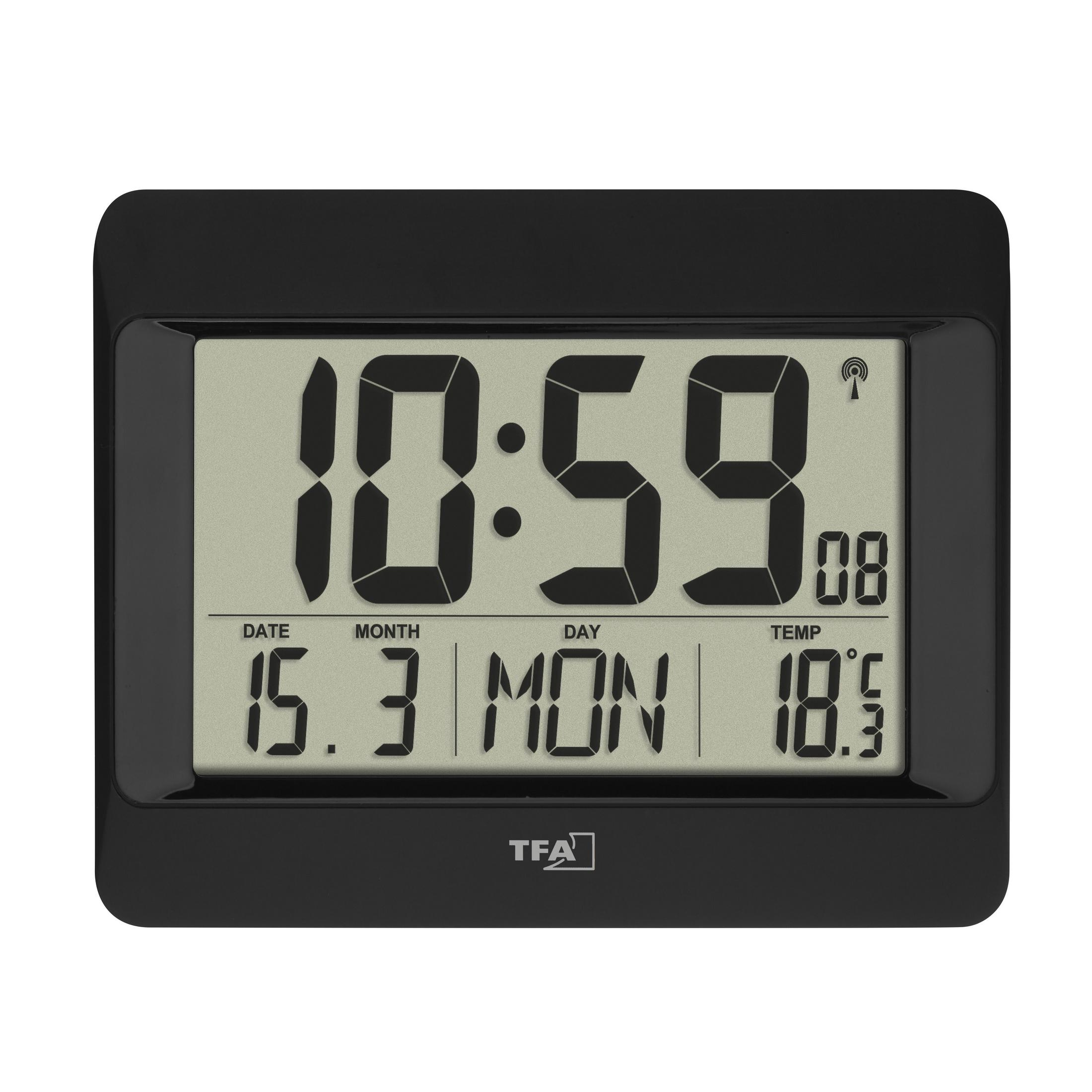 Un orologio digitale nero che mostra l'ora 10:59, con la data e la temperatura sotto.
