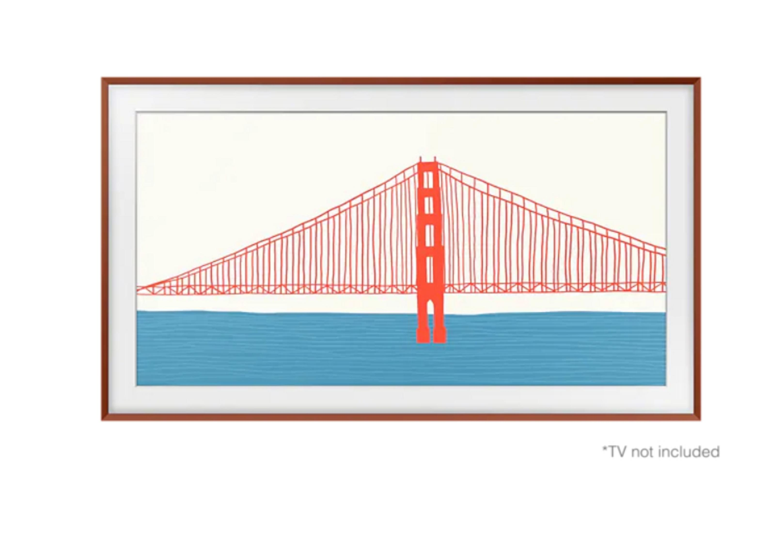 Ein gerahmtes Bild der Golden Gate Bridge, in Rot und Blau dargestellt.