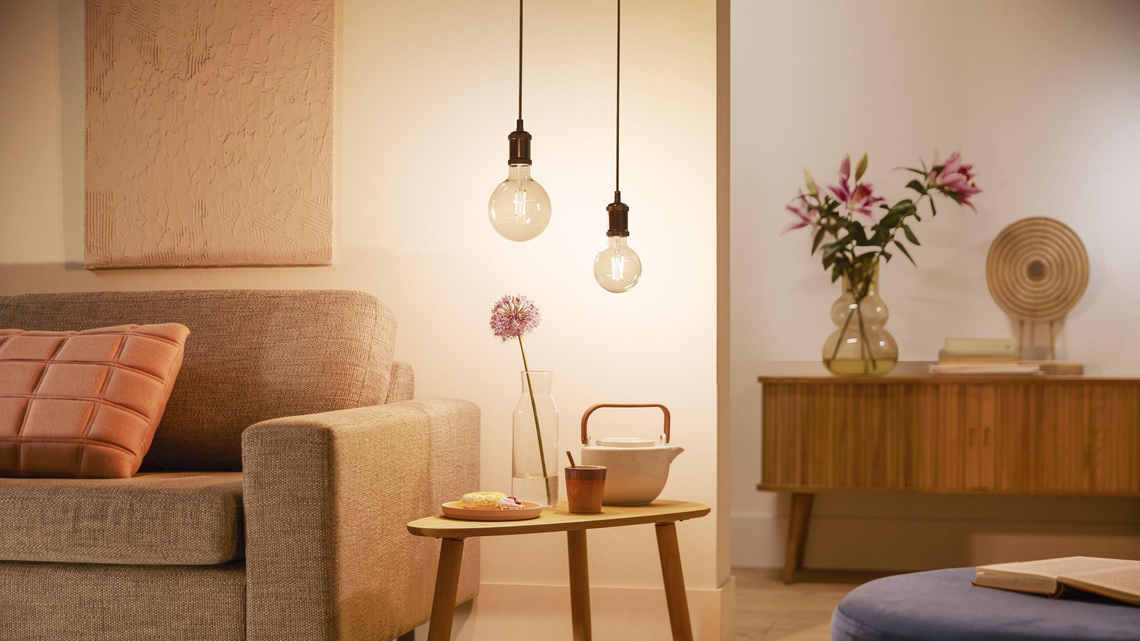 Zwei Glühbirnen hängen von der Decke. Der Hintergrund ist ein Sofa und ein Tisch.