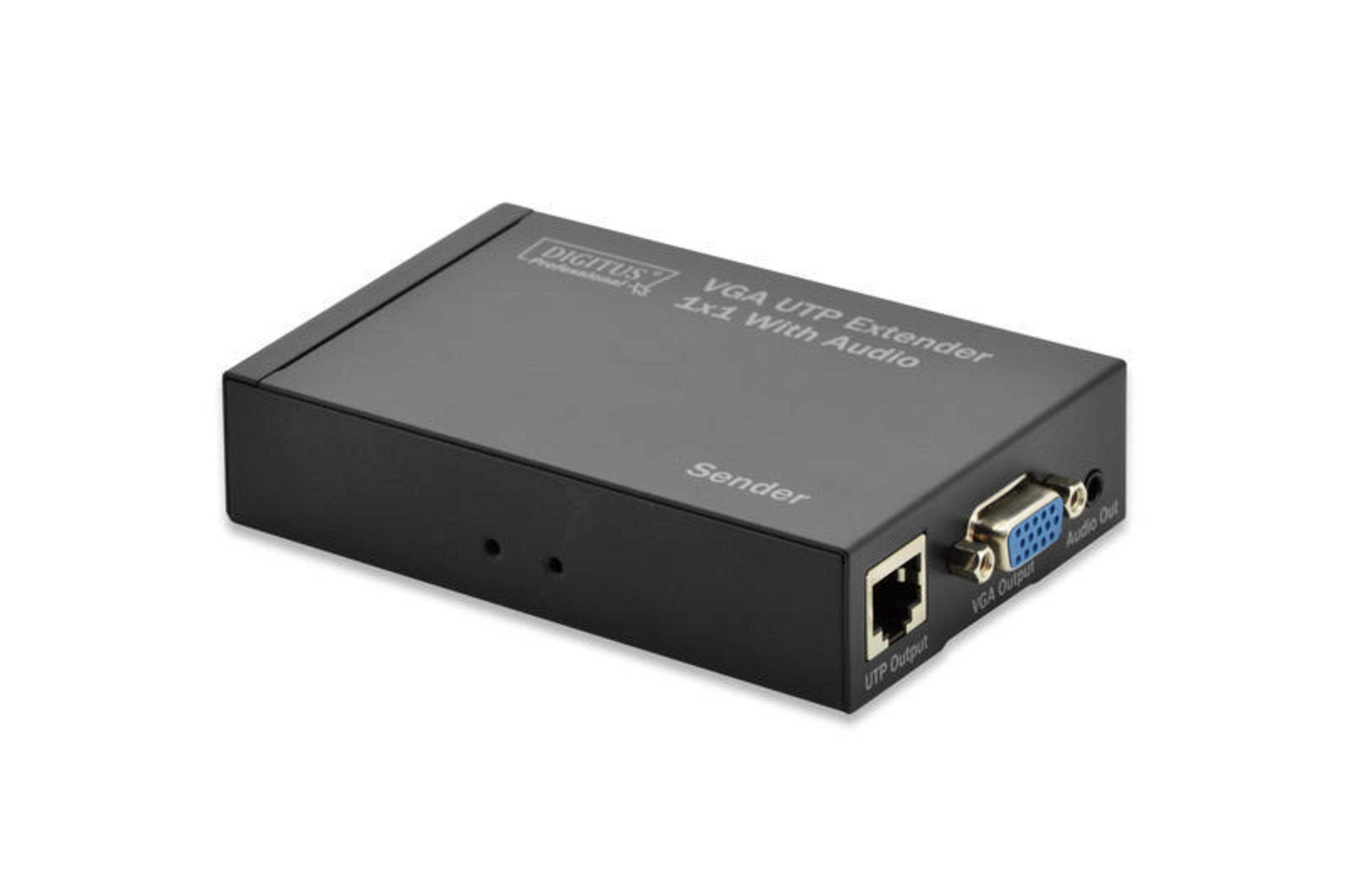 Schwarzer Digitus VGA UTP Extender mit Anschlüssen und Etikett auf weißem Hintergrund.