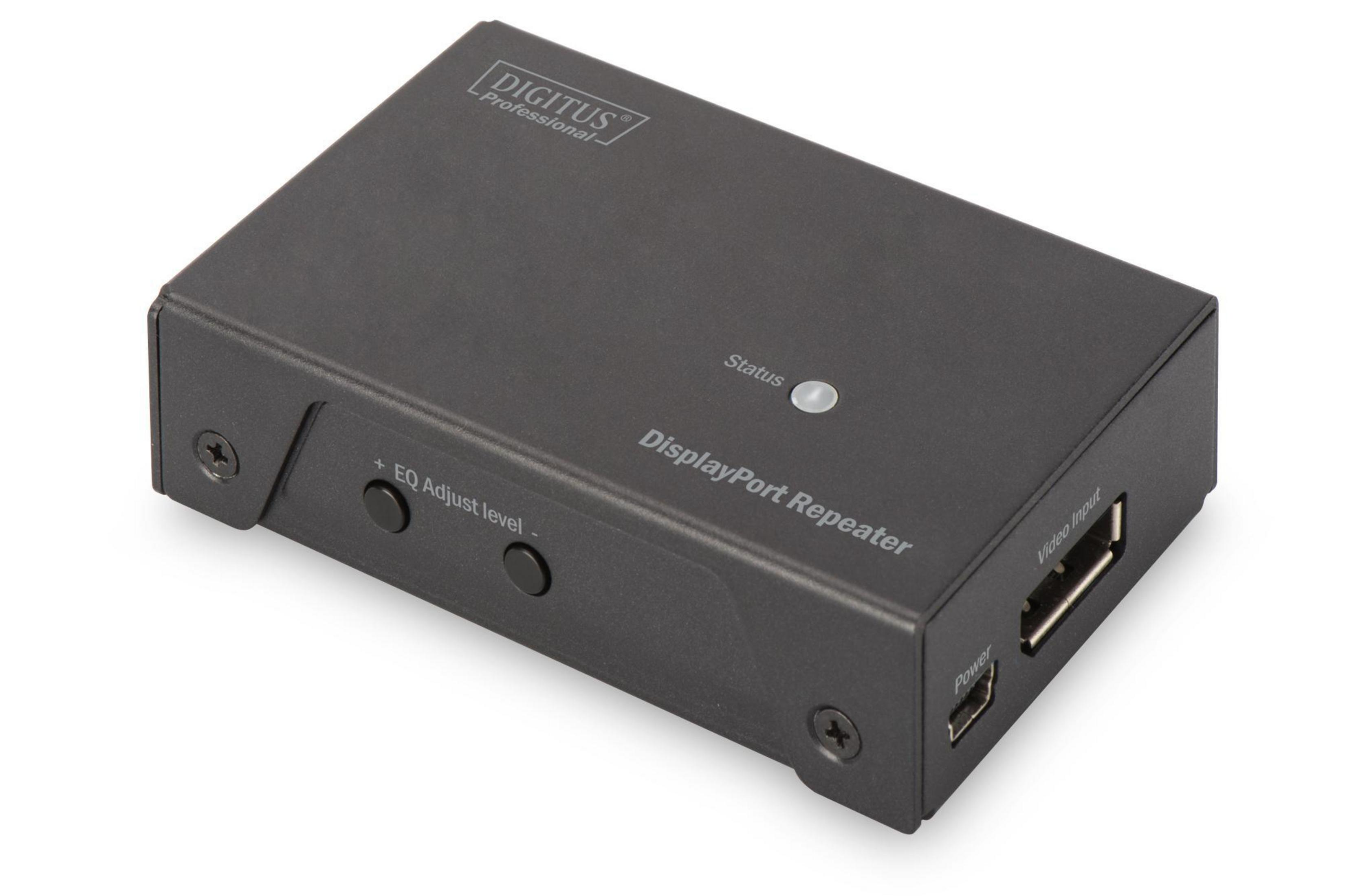 Schwarzer Digitus DisplayPort-Repeater mit Anschlüssen und Tasten.