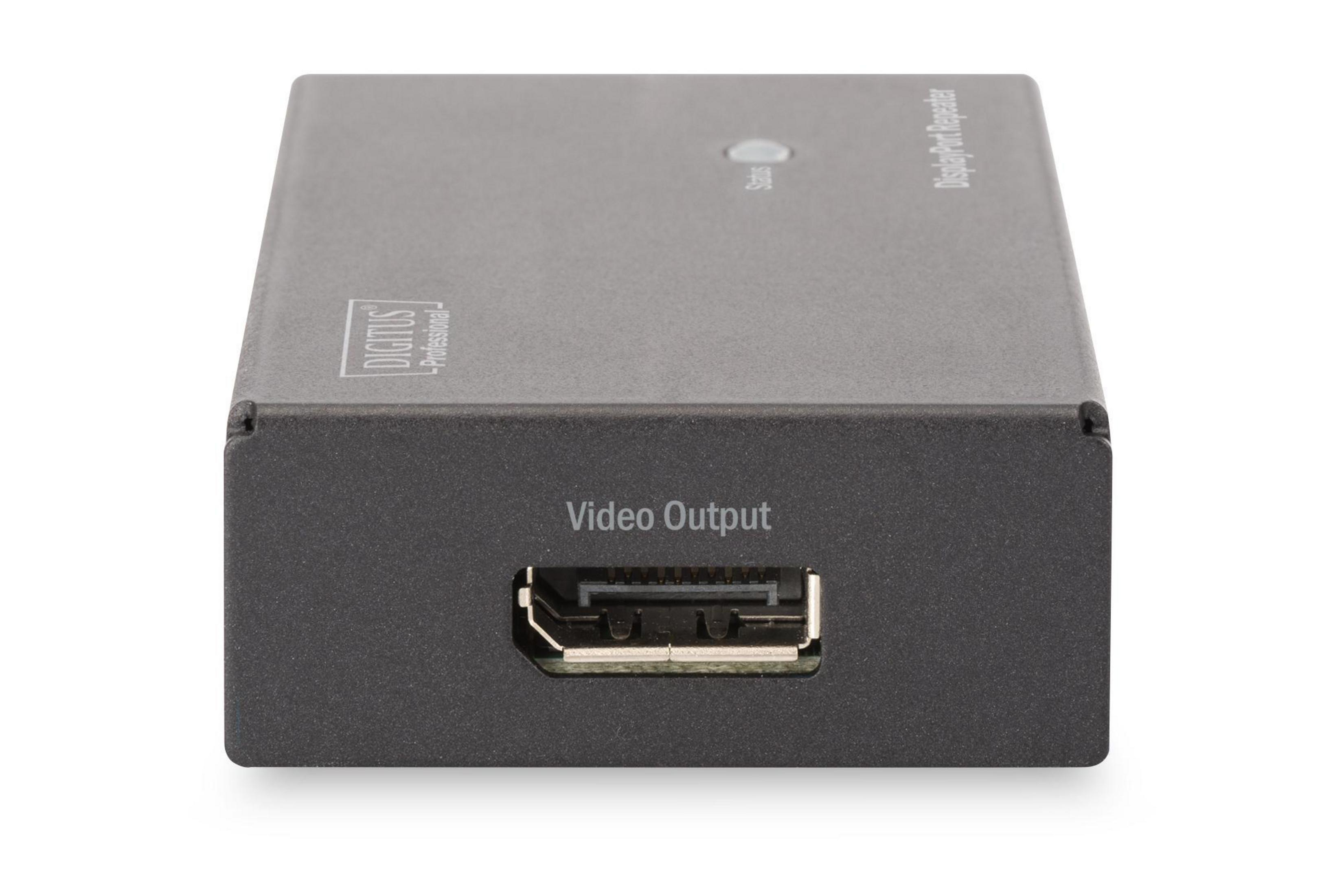 Schwarzer DisplayPort Repeater mit einem HDMI-Anschluss. Weißer Hintergrund.